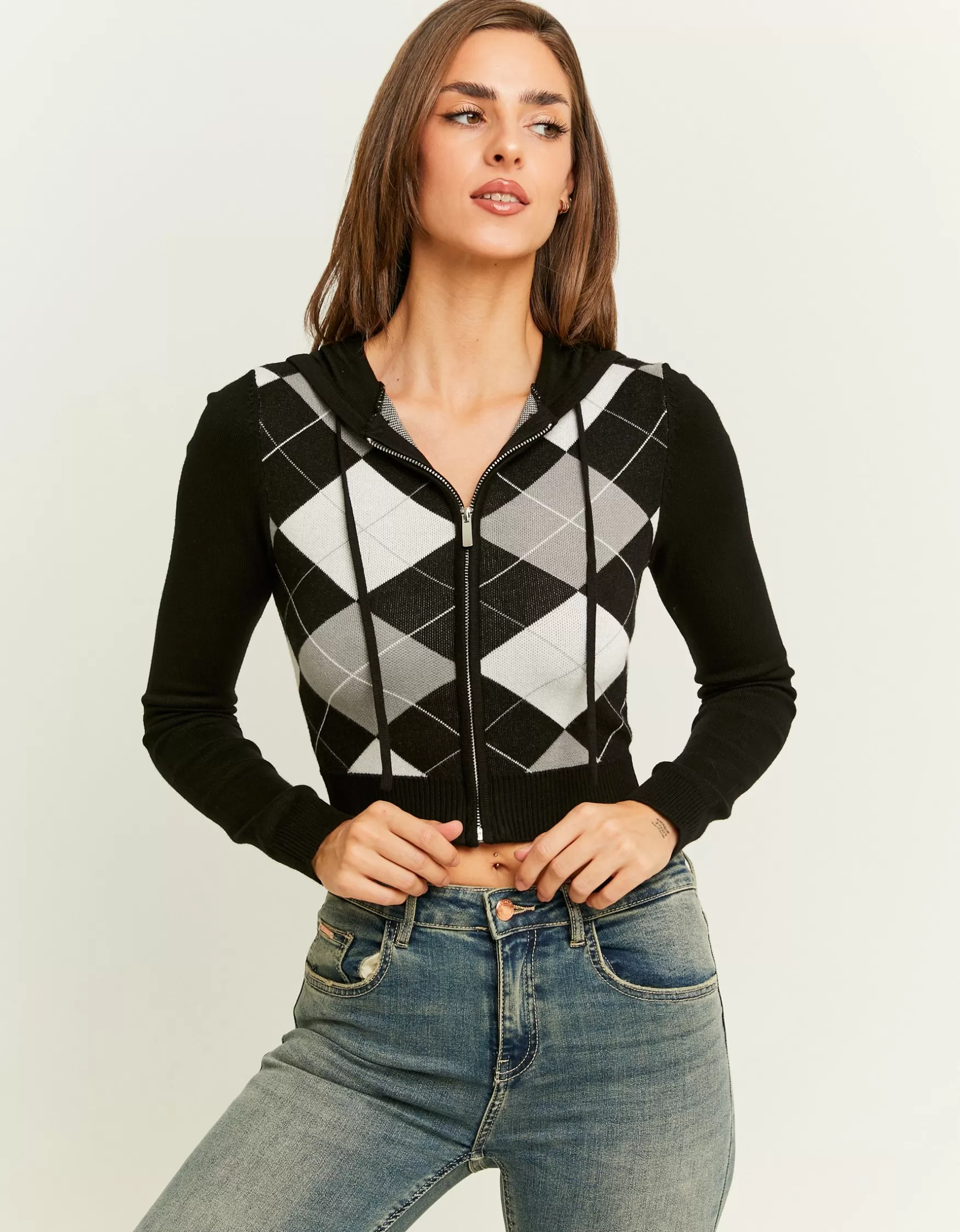 Sale Cardigan à Carreaux Zippé à Capuche en Maille Maille