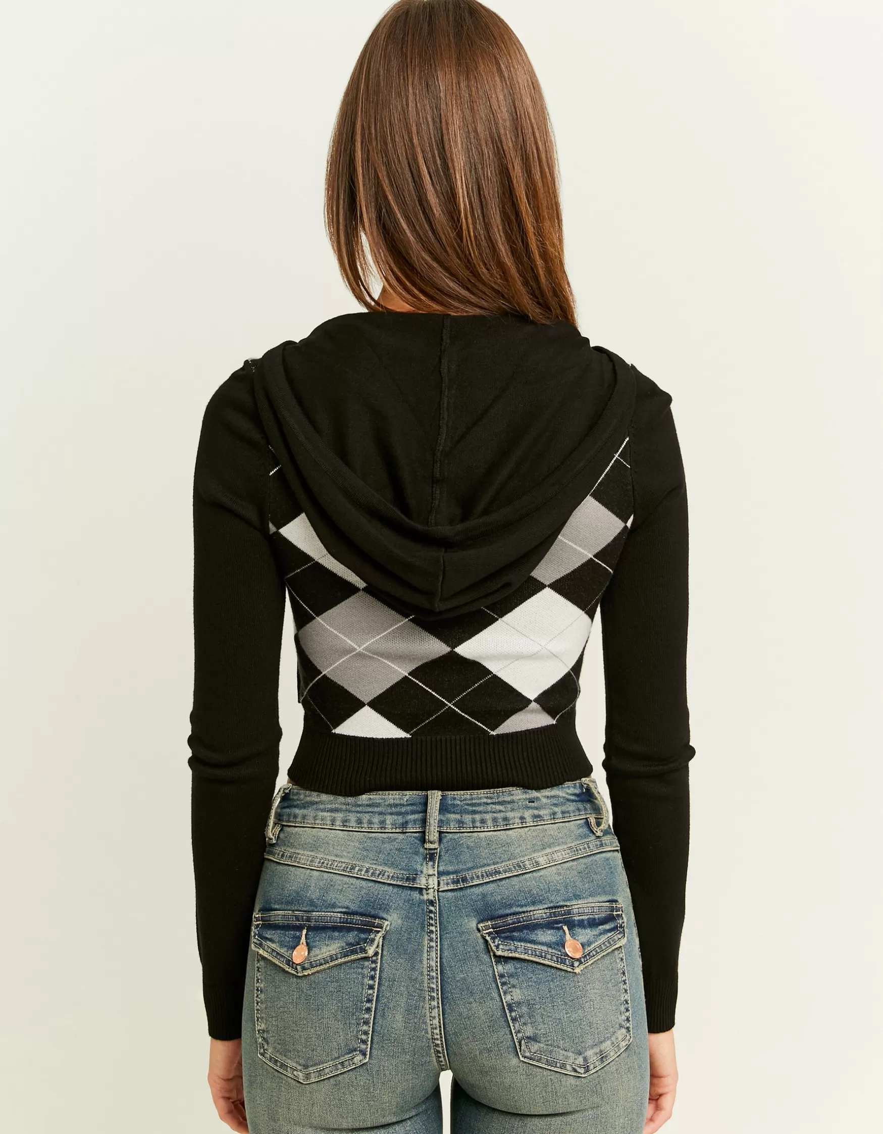 Sale Cardigan à Carreaux Zippé à Capuche en Maille Maille