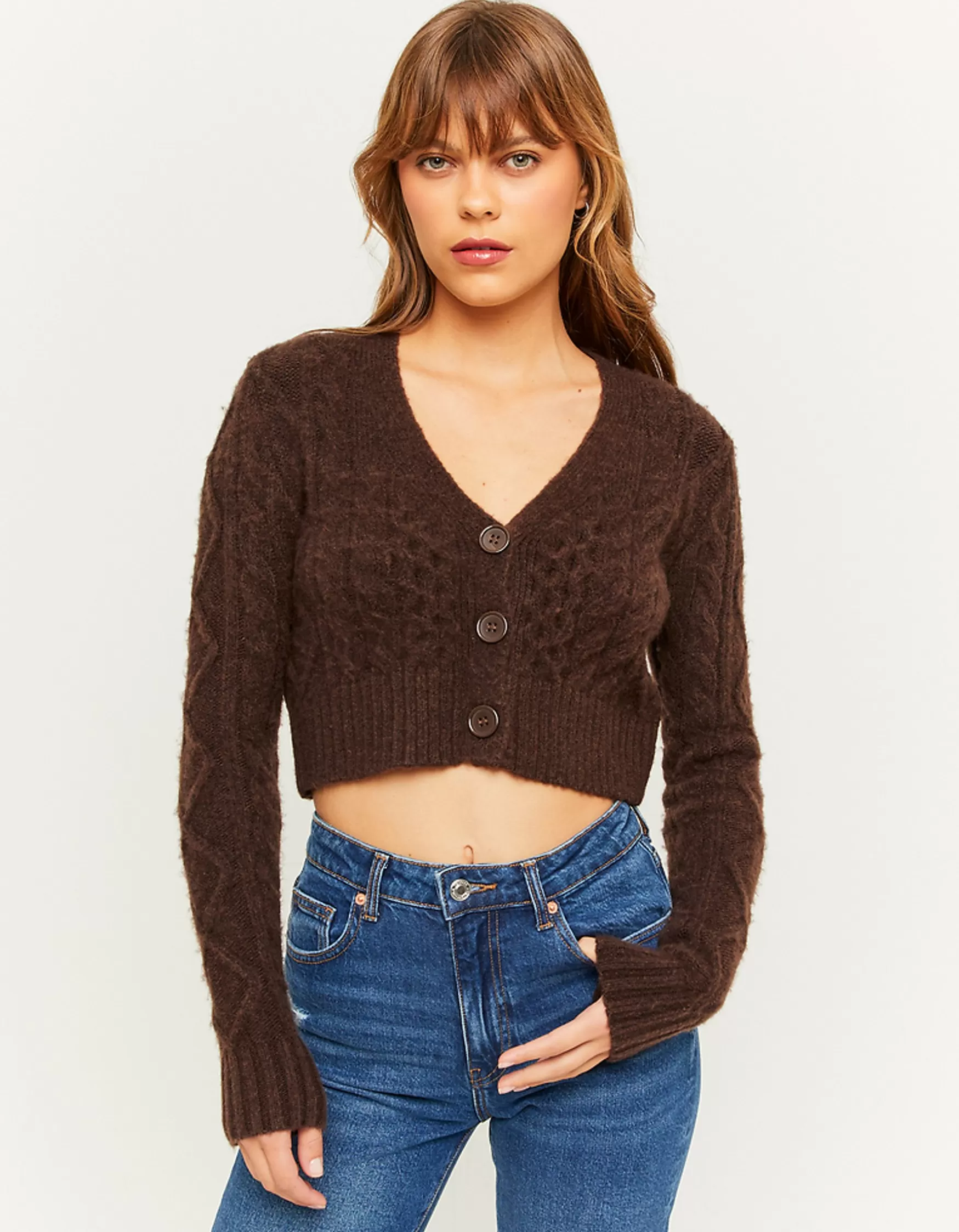 Hot Cardigan court en amille torsadé Brun Maille