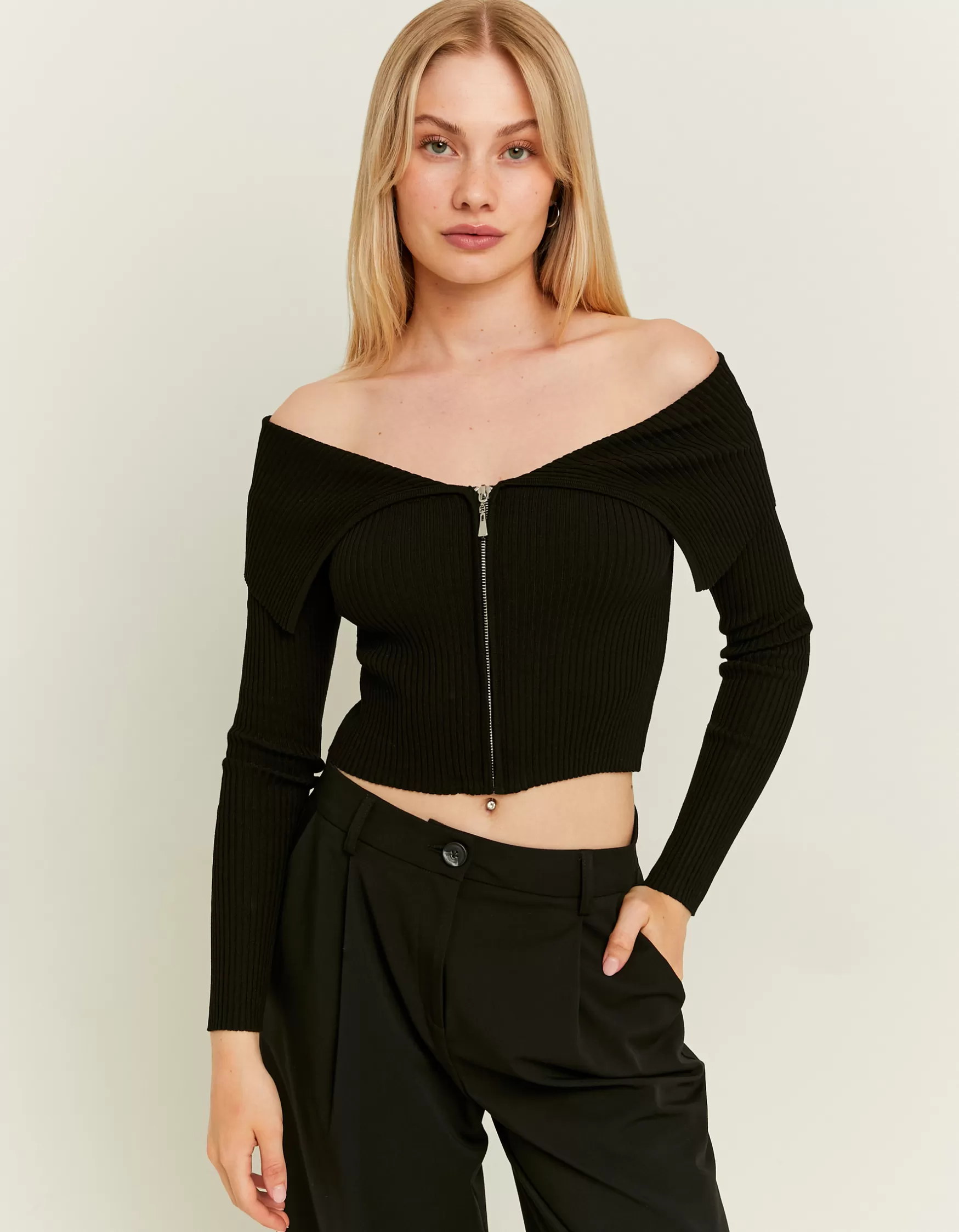 Fashion Cardigan Épaules Dénudées avec Zip Maille