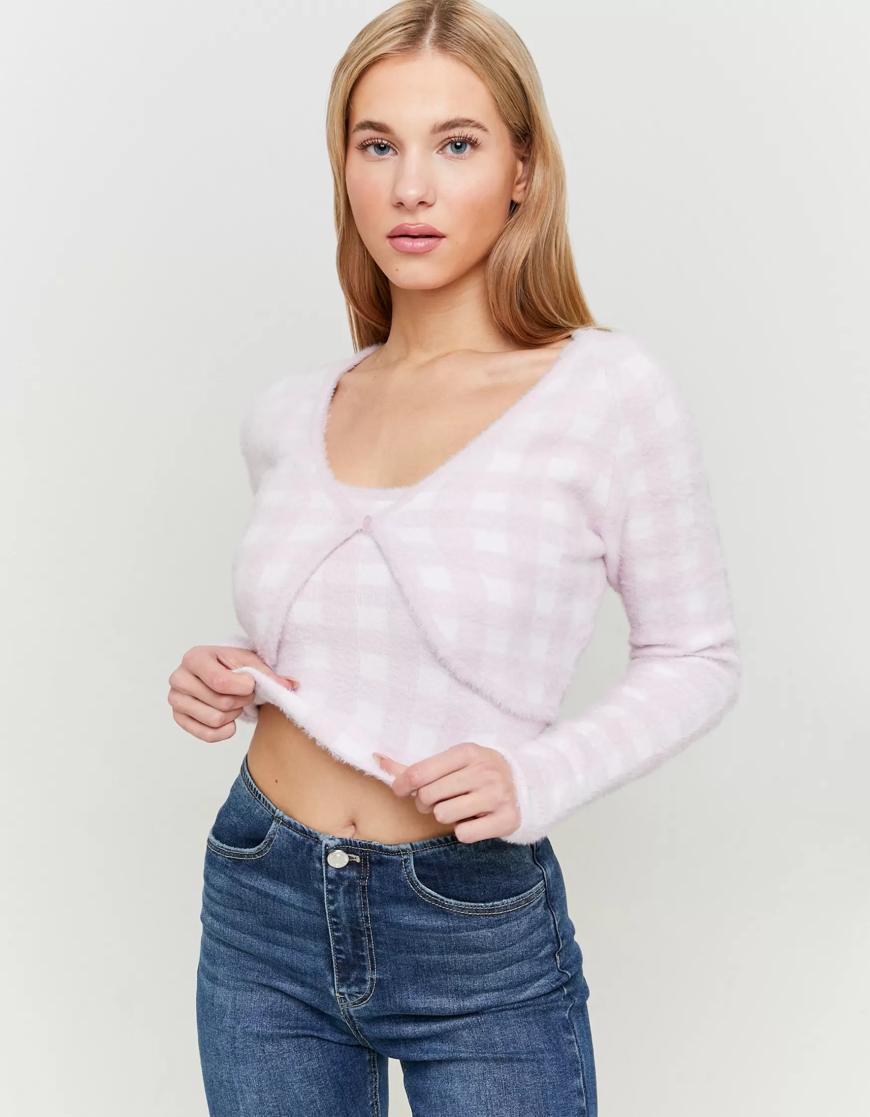 Store Cardigan Duveteux à Carreaux Maille