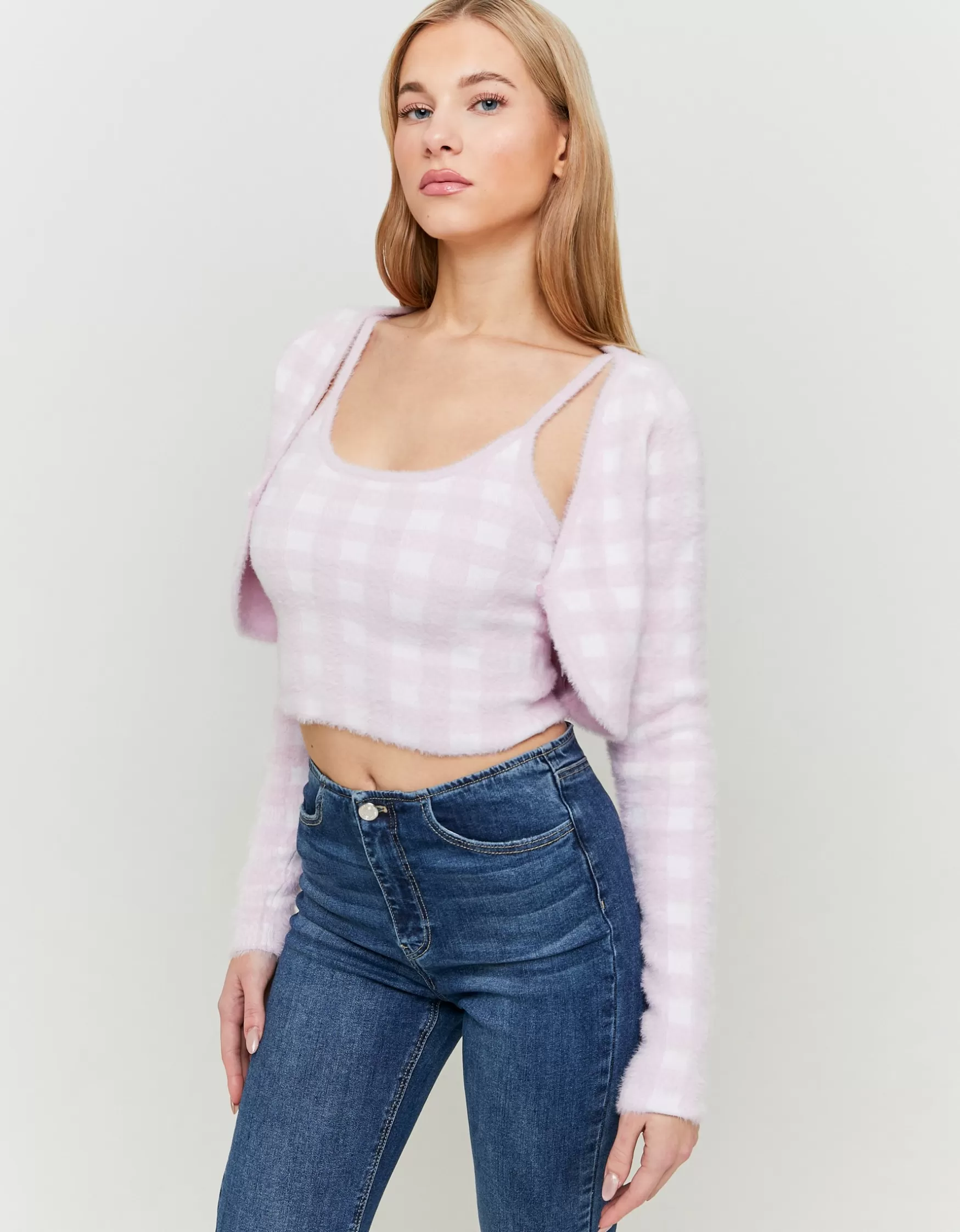 Store Cardigan Duveteux à Carreaux Maille
