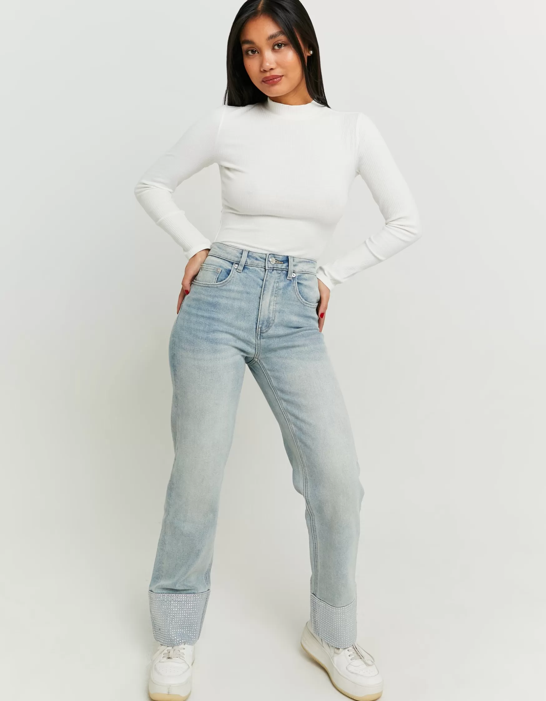 Fashion Jean Cropped Flare Taille Haute à Strass Jeans