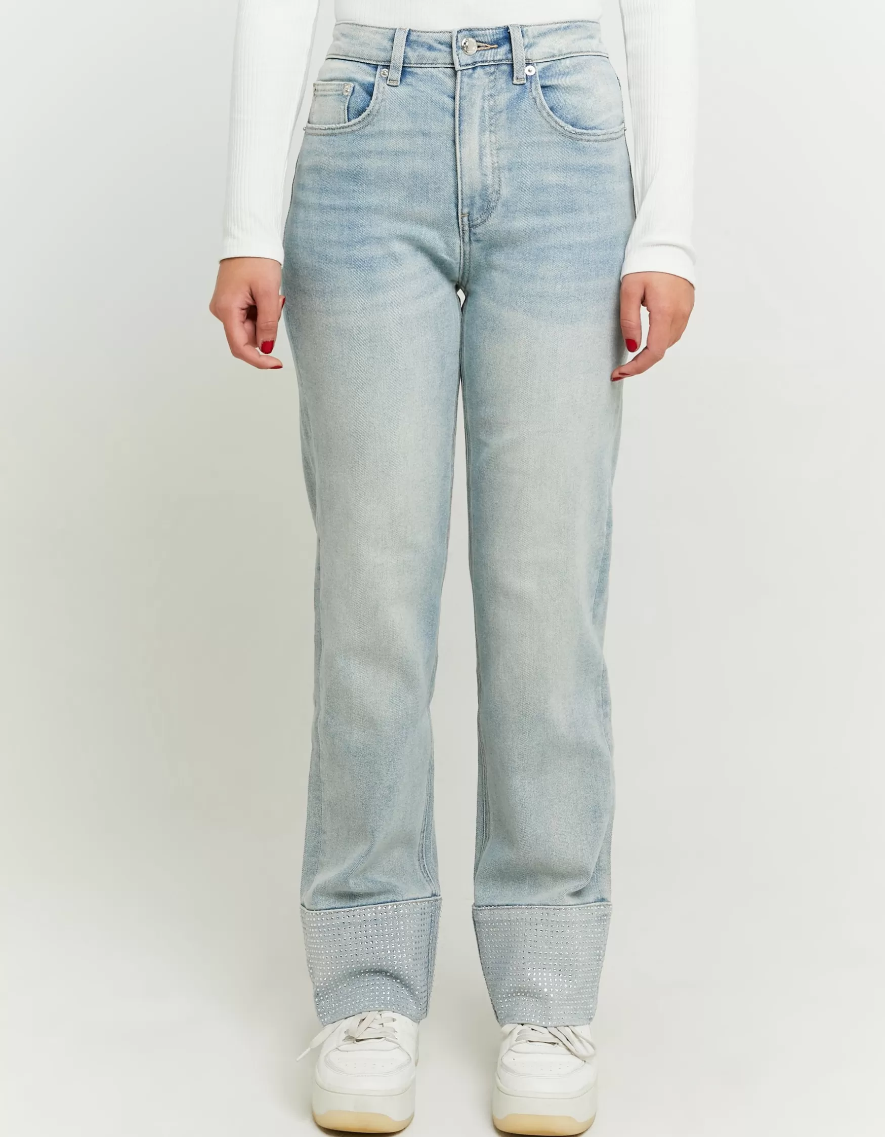 Fashion Jean Cropped Flare Taille Haute à Strass Jeans