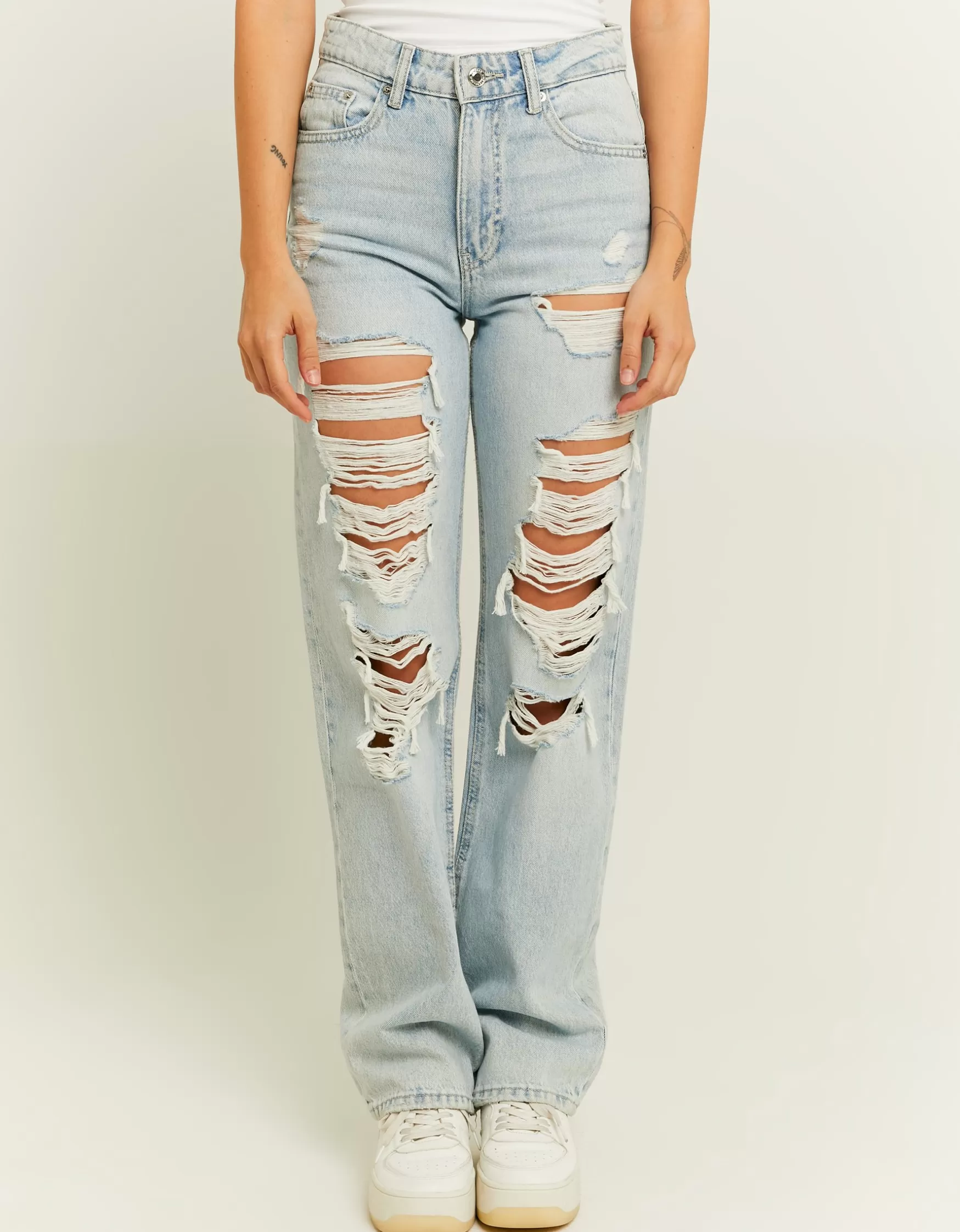 Outlet Jean Droit Destroy Taille Haute Jeans