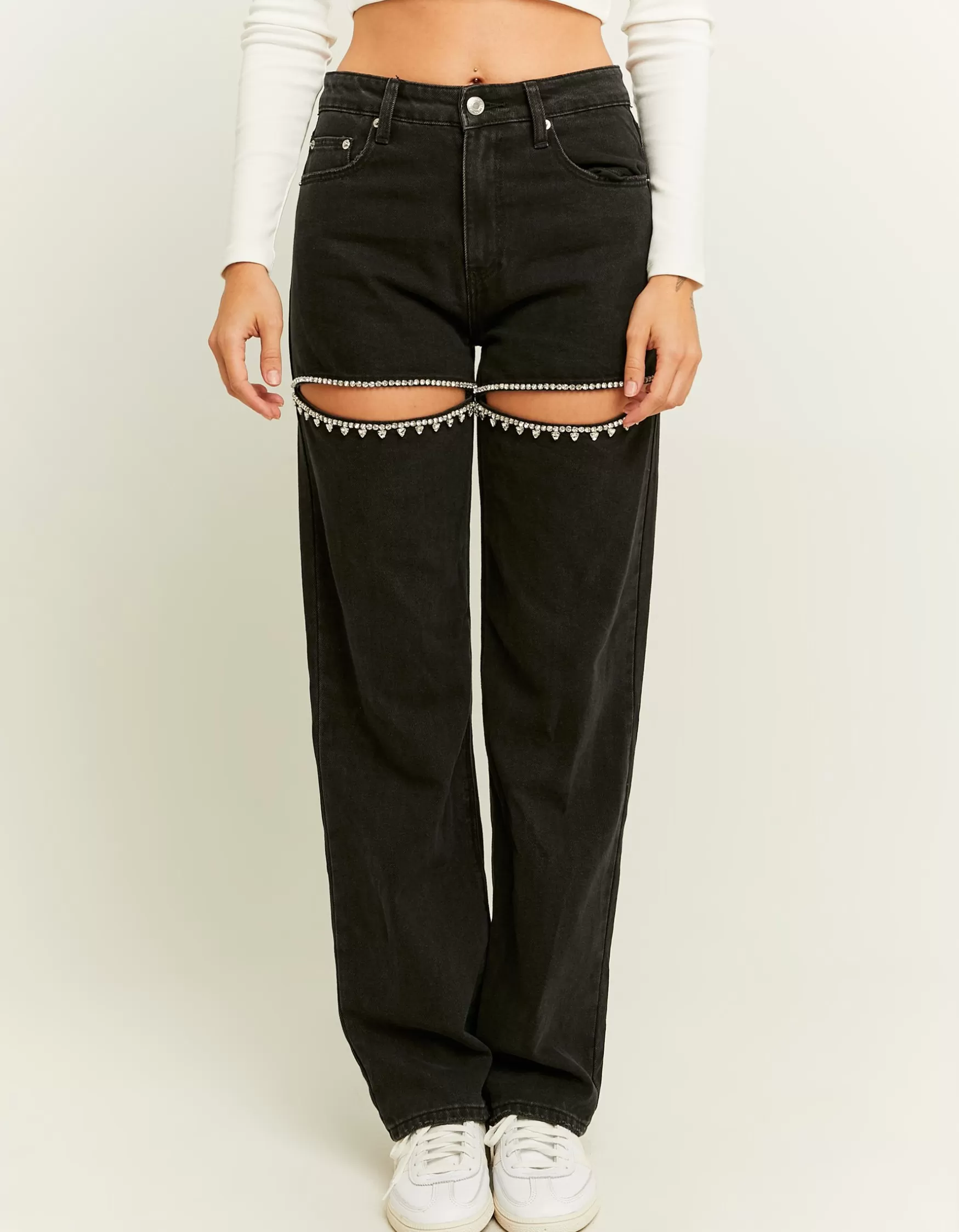 Clearance Jean Droit avec Strass et Découpes Jeans