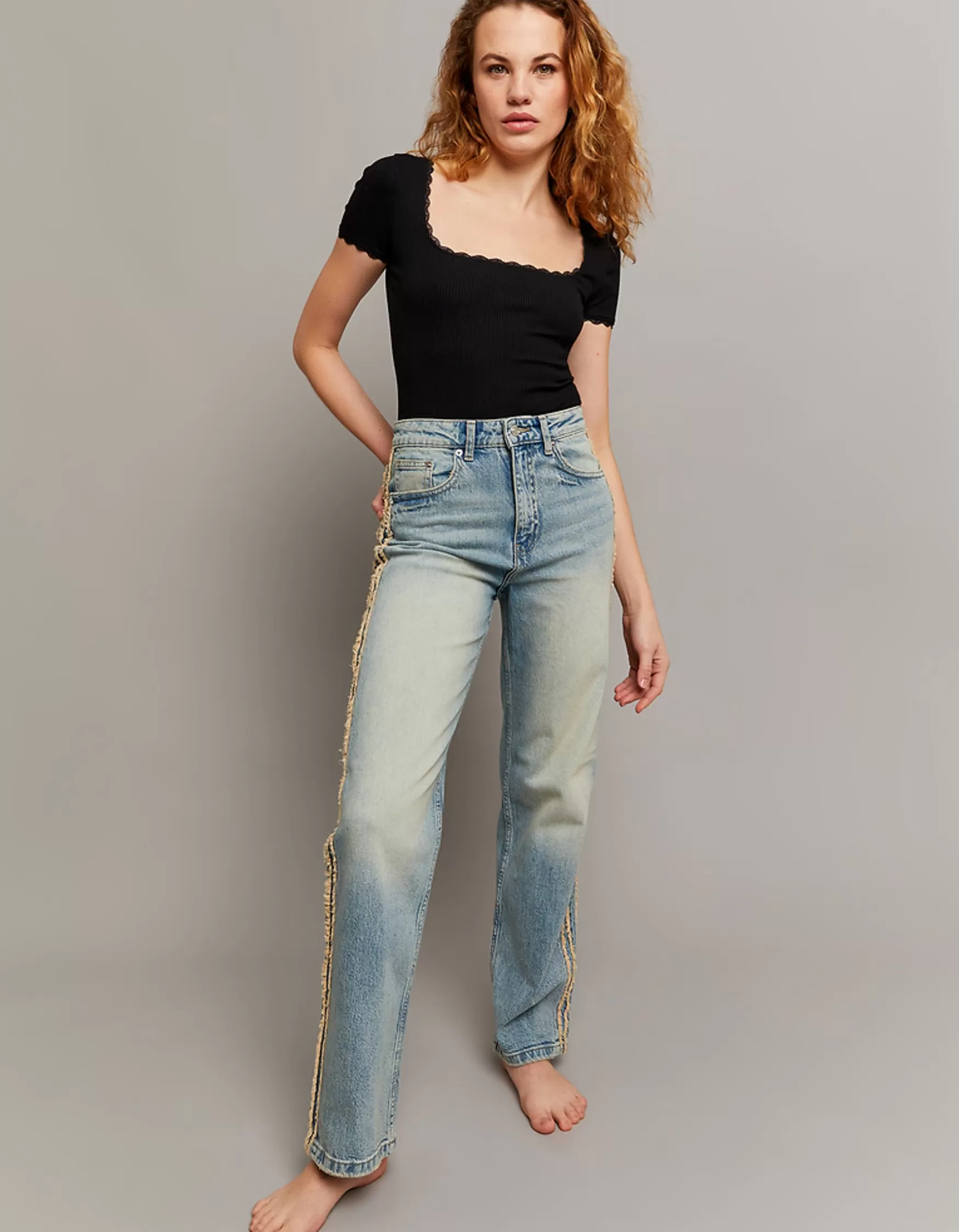 Discount Jean Droit Taille Haute avec Détails Latéraux Jeans