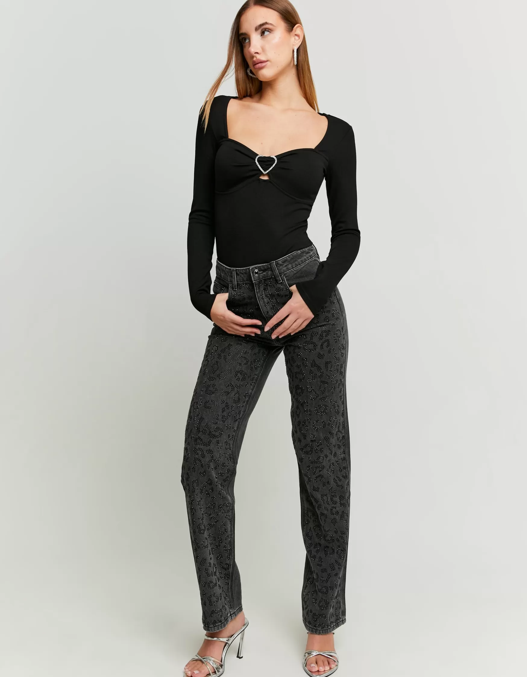Clearance Jean Straight Leg avec Imprimé Léopard en Strass Jeans