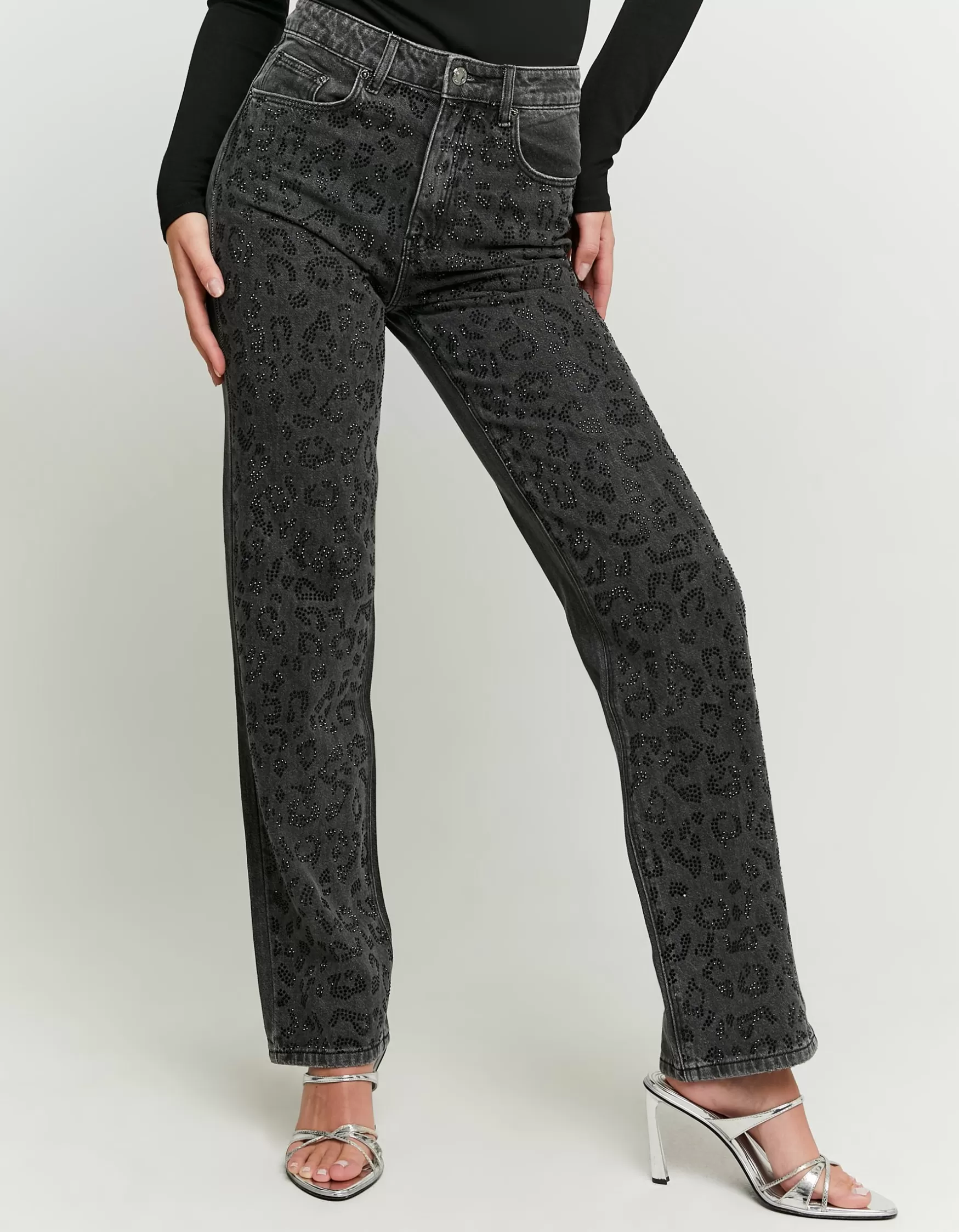 Clearance Jean Straight Leg avec Imprimé Léopard en Strass Jeans