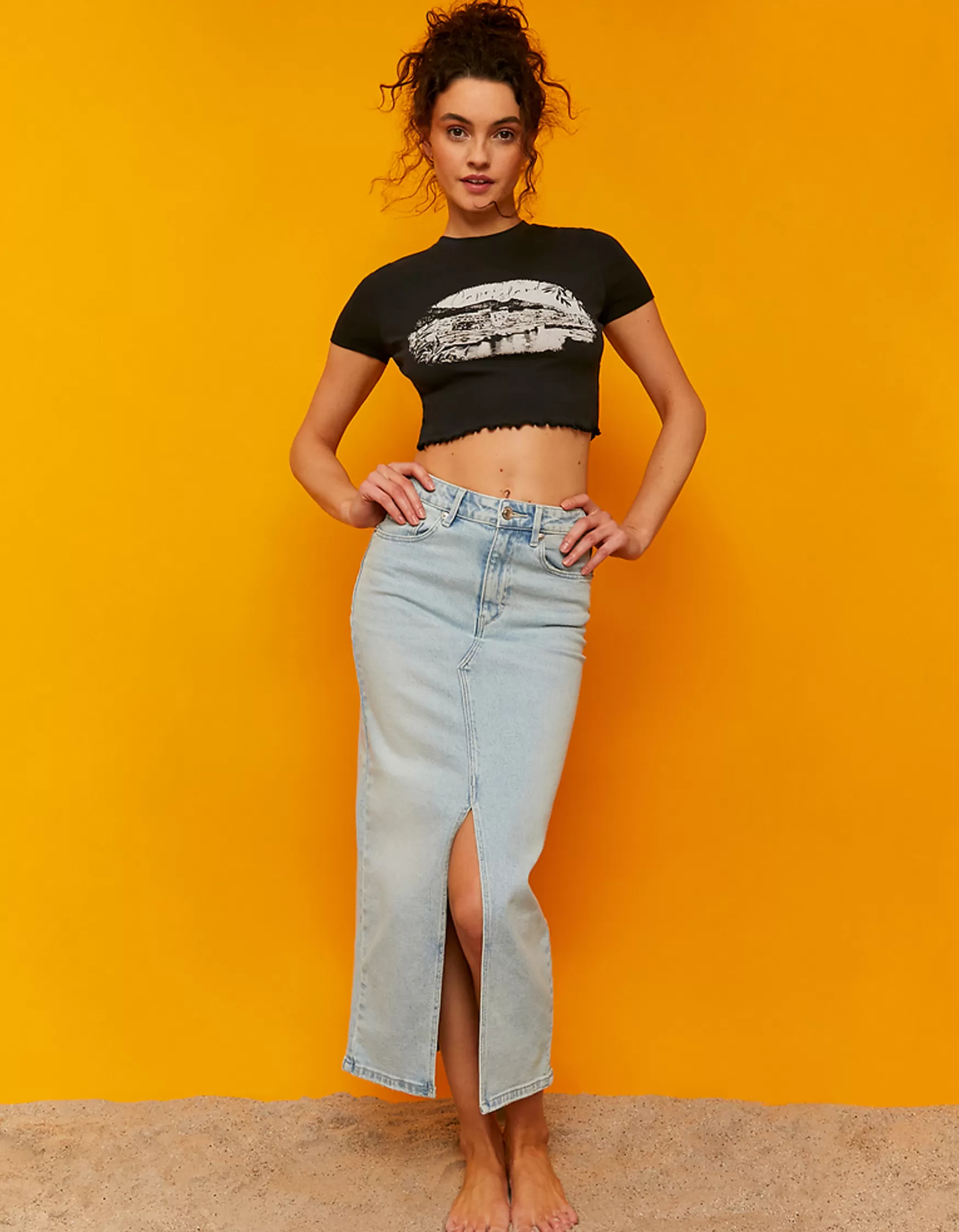 Clearance Jupe midi en denim taille haute avec fente Jupes