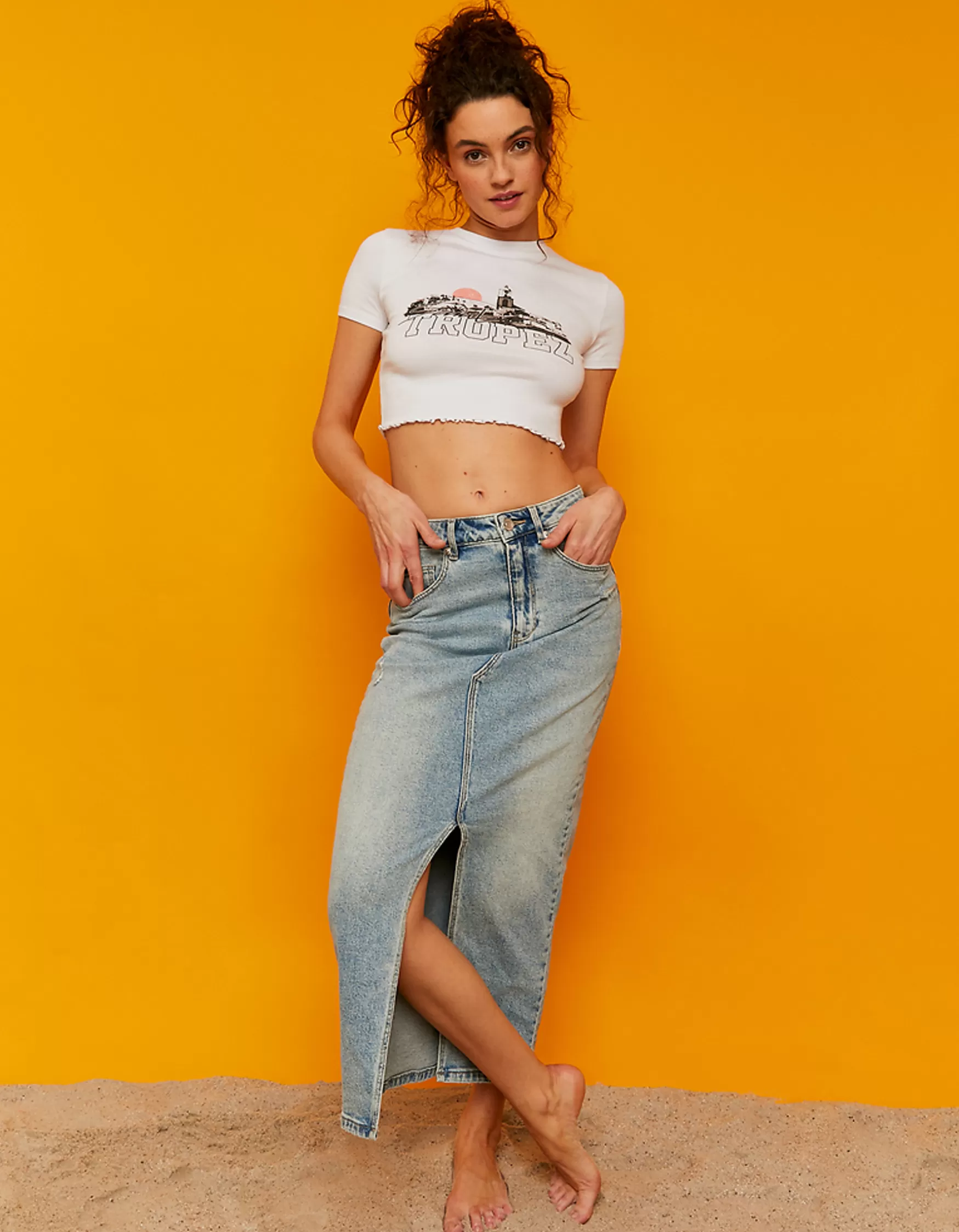 Cheap Jupe midi en denim taille haute avec fente Jupes