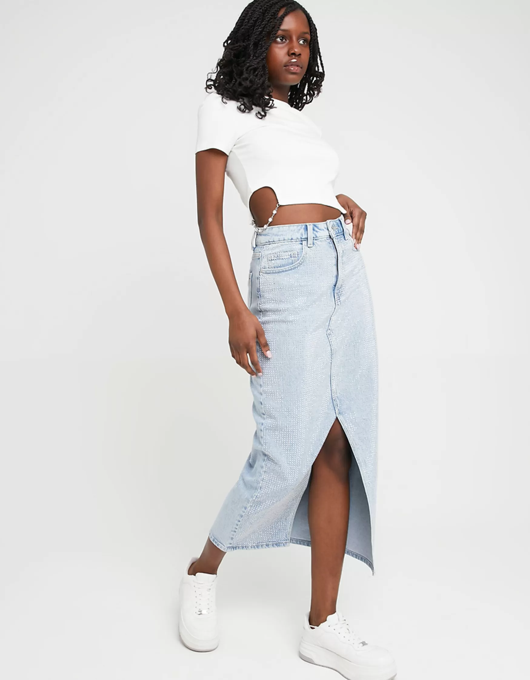 Cheap Jupe midi en jean taille haute avec strass Jupes