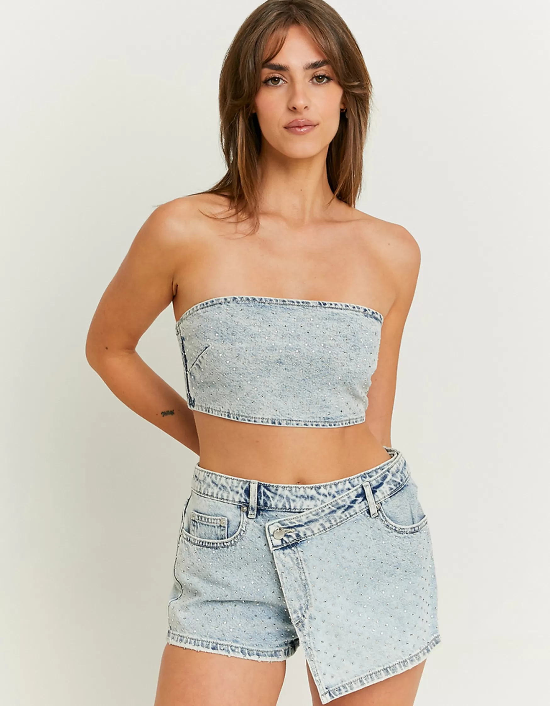 Online Jupe-Short en Jean avec Strass Taille Mi-Haute Shorts | Total Look