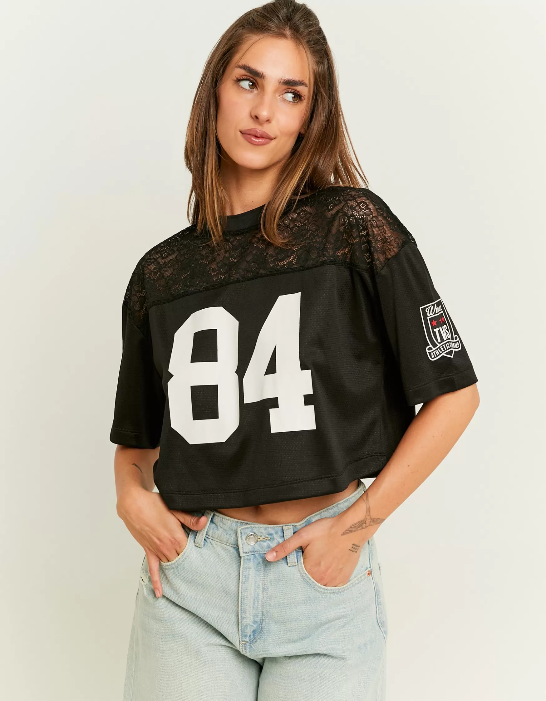 Online Maillot de Foot Court en Dentelle T-Shirts Imprimés