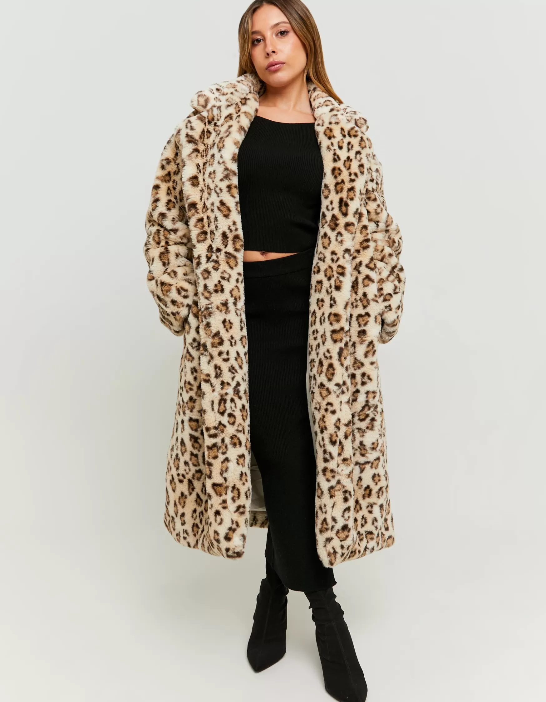 Outlet Manteau Long Imprimé Léopard en Fausse Fourrure Vestes