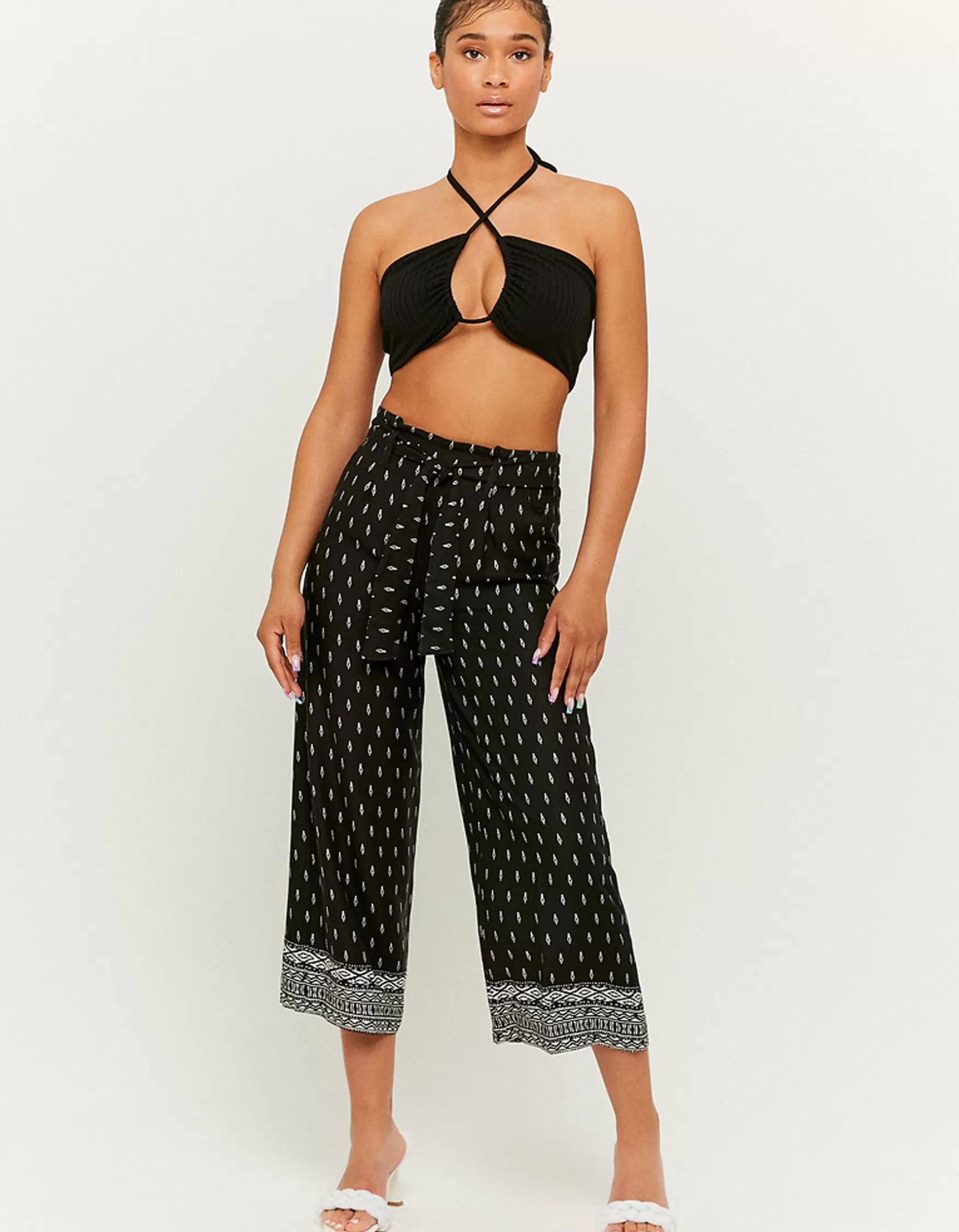 Outlet Pantalon Culotte Taille Haute en Lin Pantalons