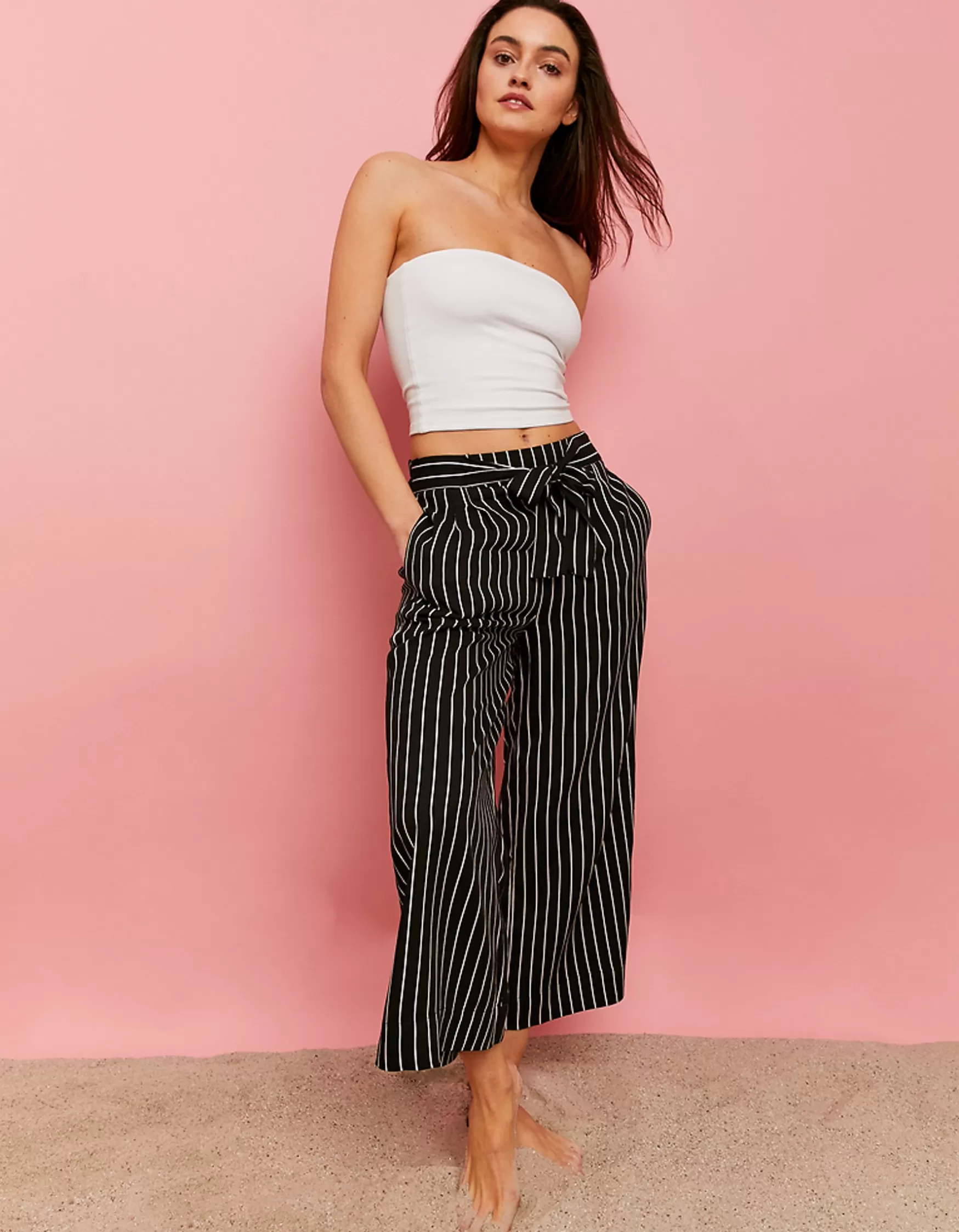 Shop Pantalon Rayé Wide Leg avec Taille Élastique Pantalons