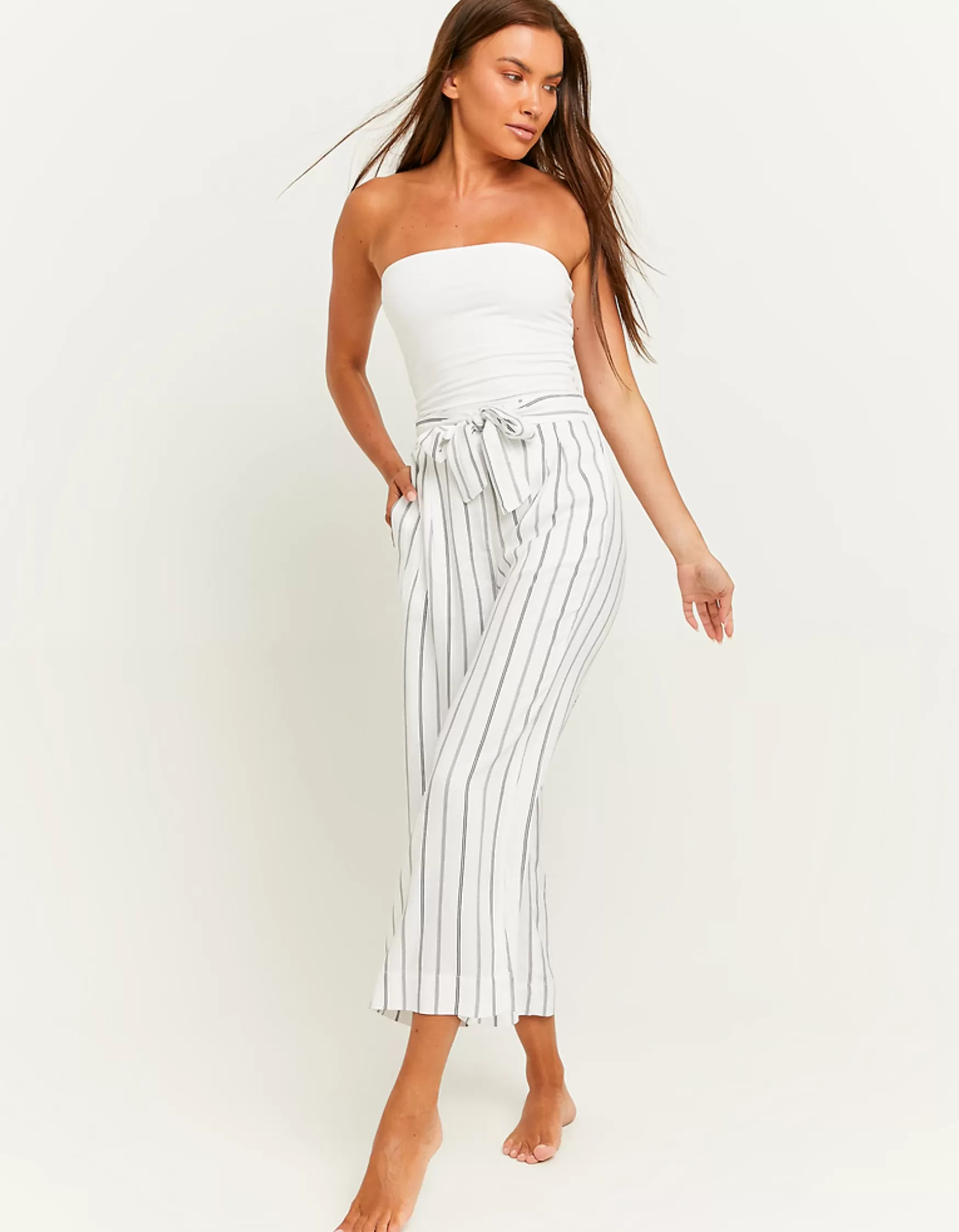 Discount Pantalon Rayé Wide Leg avec Taille Élastique Pantalons