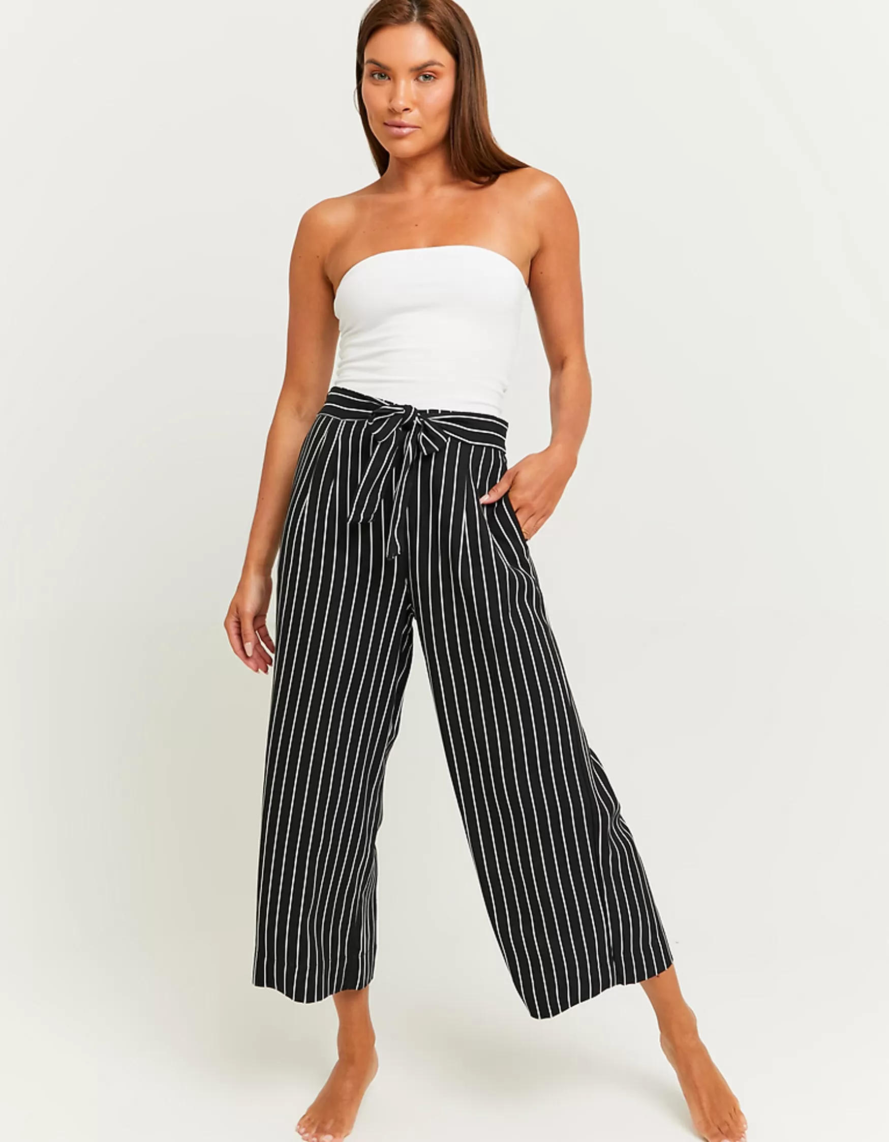 Shop Pantalon Rayé Wide Leg avec Taille Élastique Pantalons
