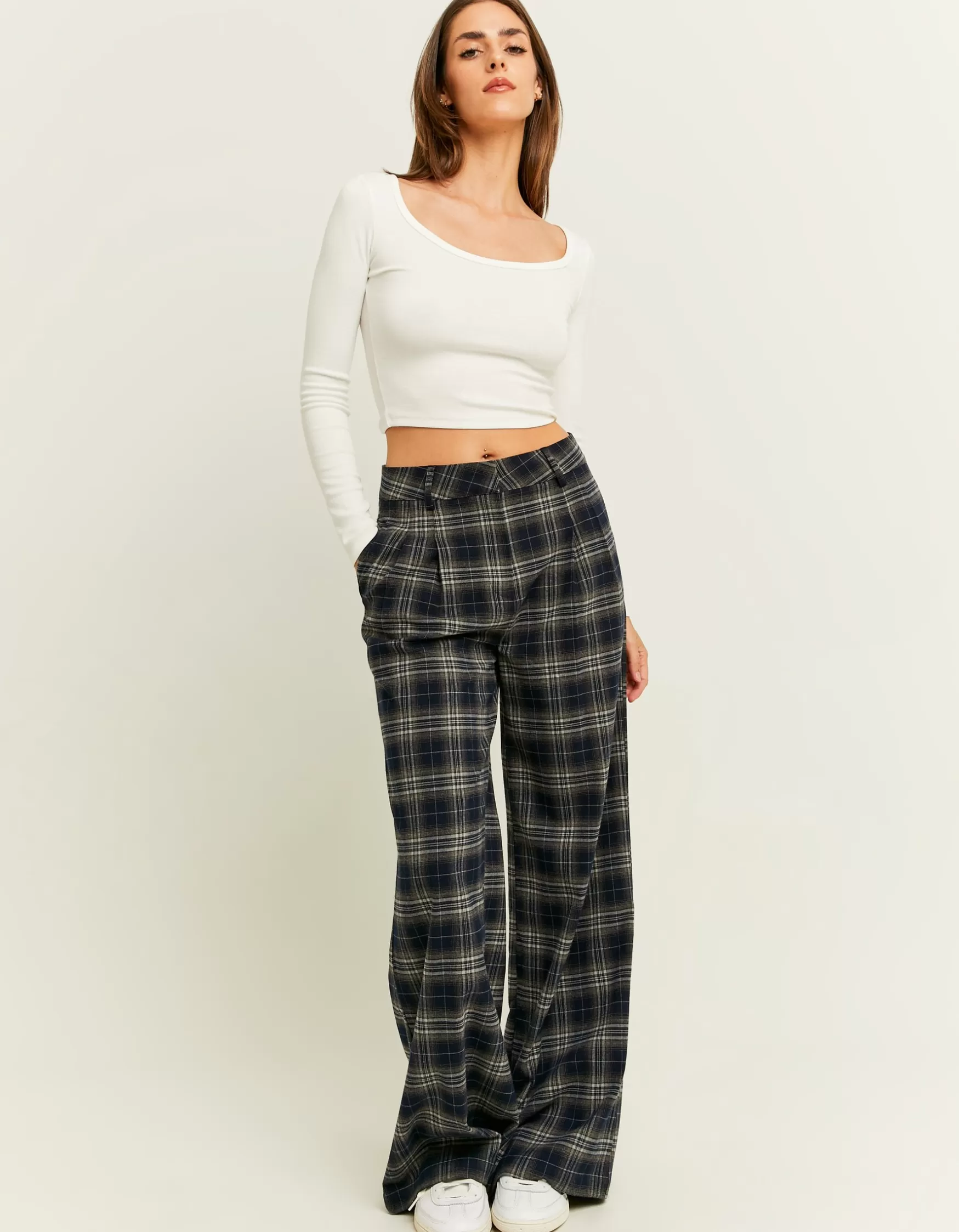 Fashion Pantalon Wide Leg à Carreaux Pantalons