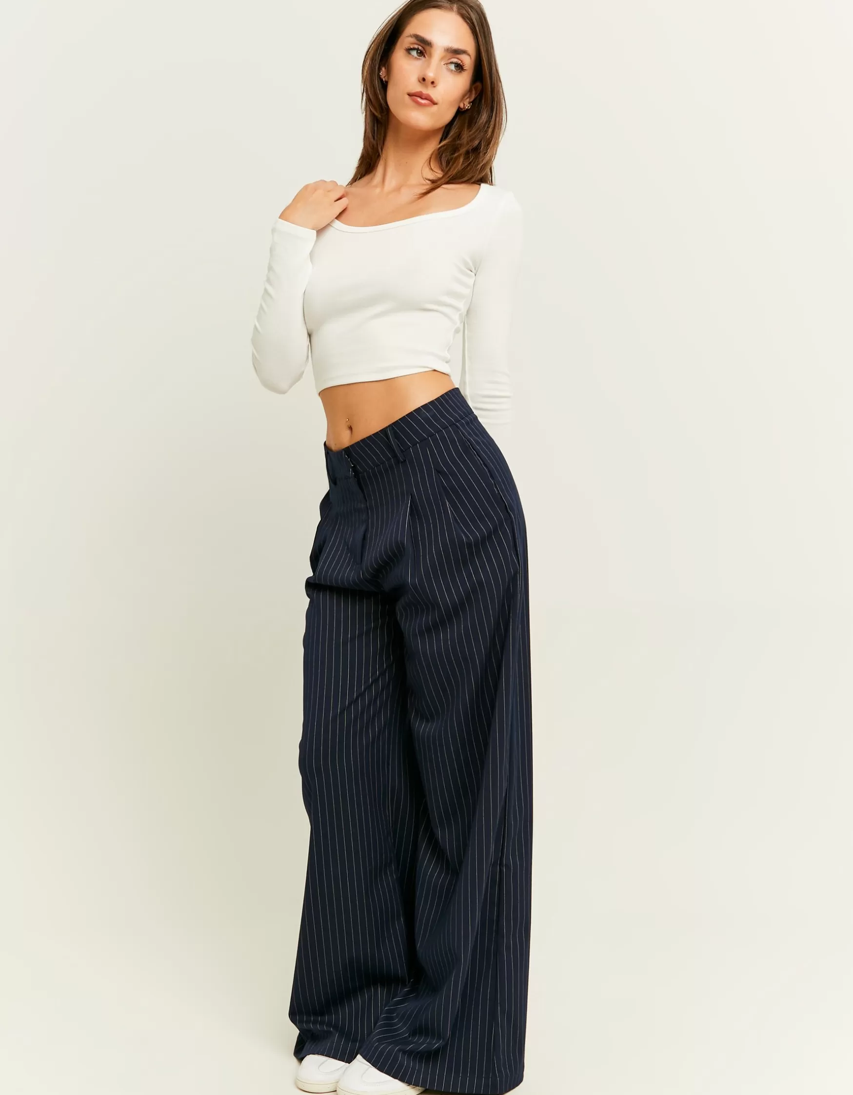 New Pantalon Wide Leg Marine à Fines Rayures Pantalons