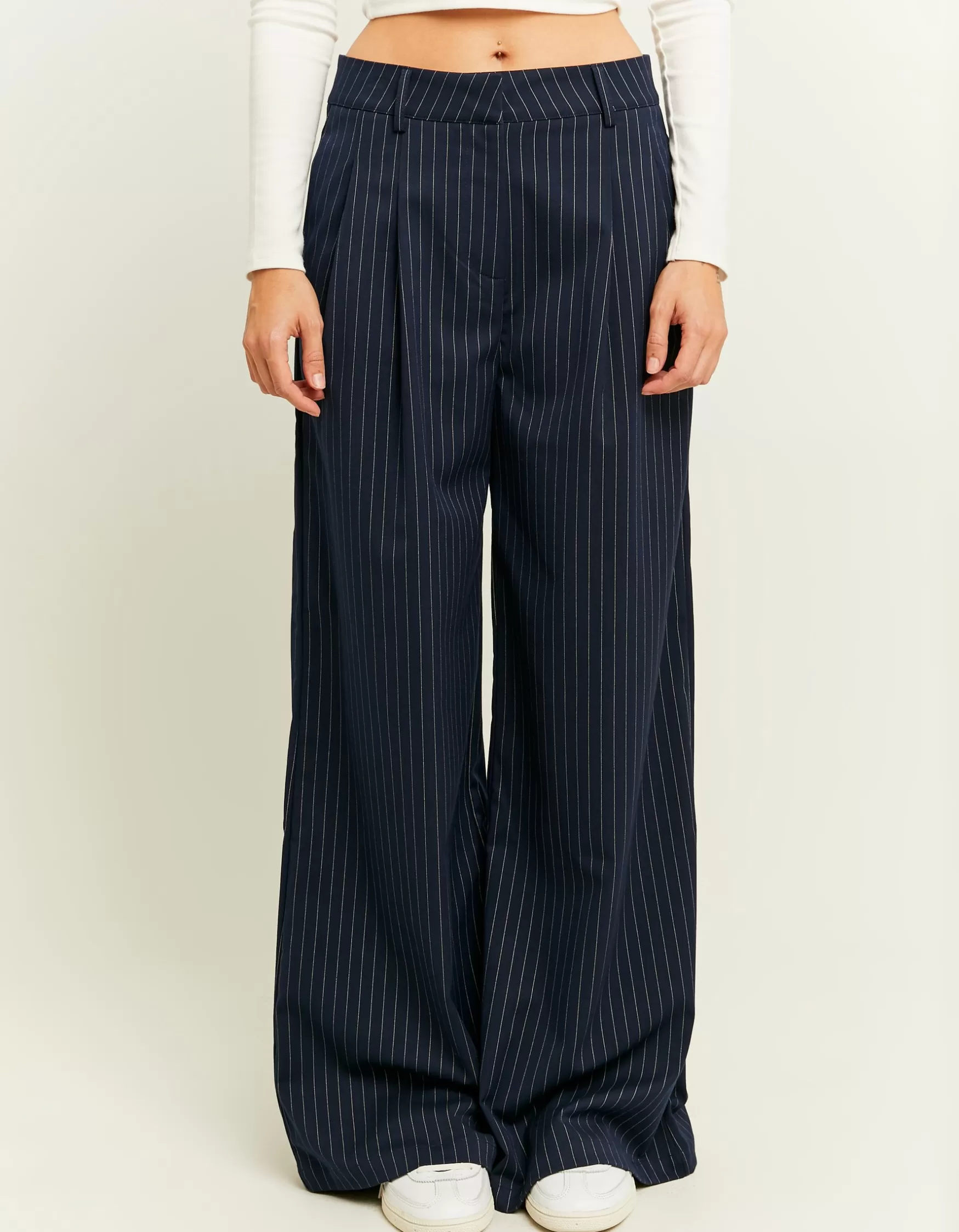 New Pantalon Wide Leg Marine à Fines Rayures Pantalons