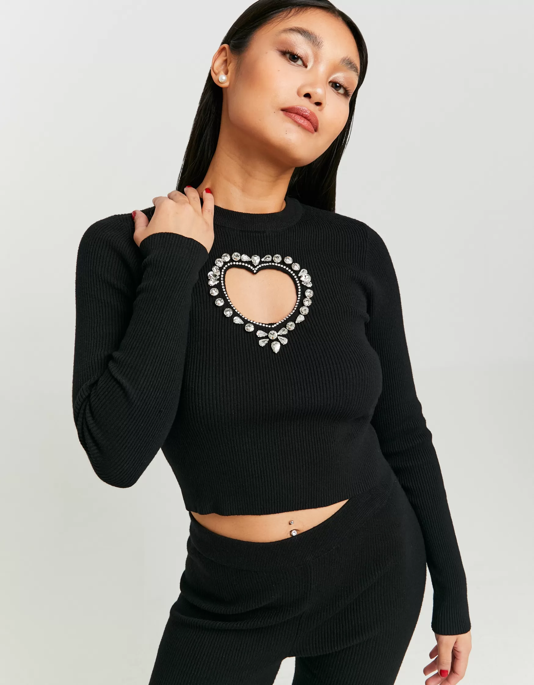 Clearance Pull Ajusté avec Détails Découpe et Strass Maille | Total Look