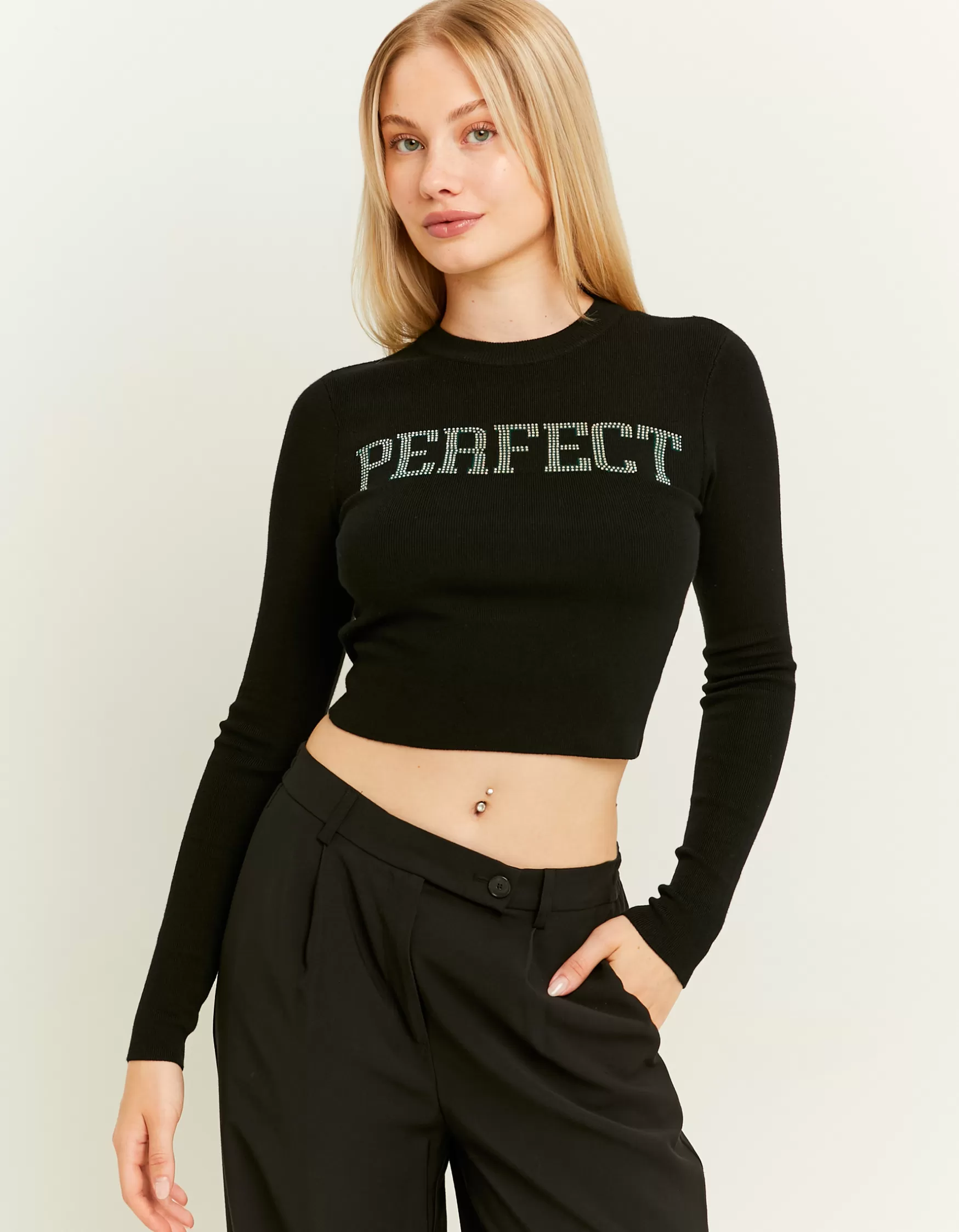 Clearance Pull Ajusté en Maille avec Détail en Strass Maille
