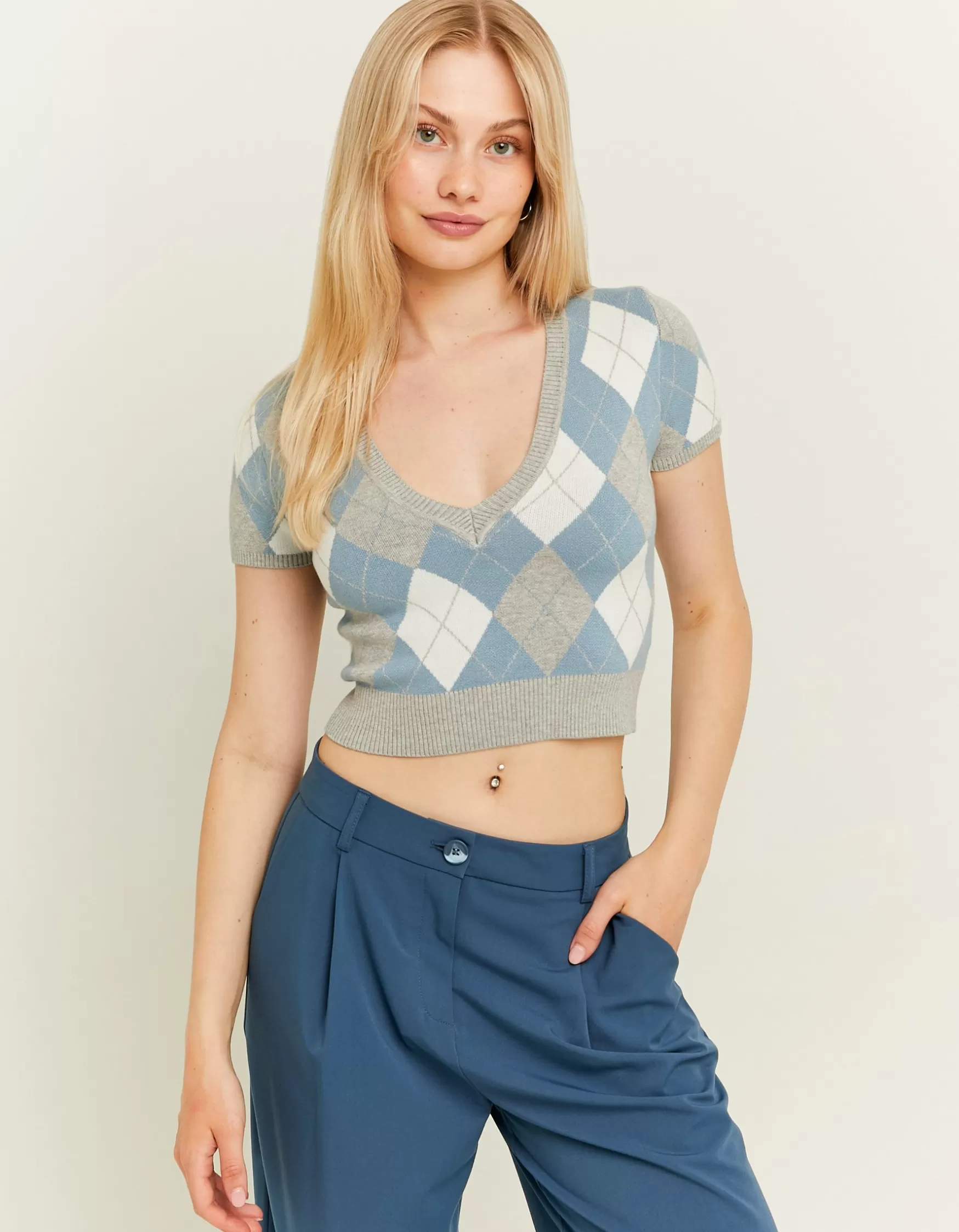 Flash Sale Pull Court en Maille à Carreaux Maille