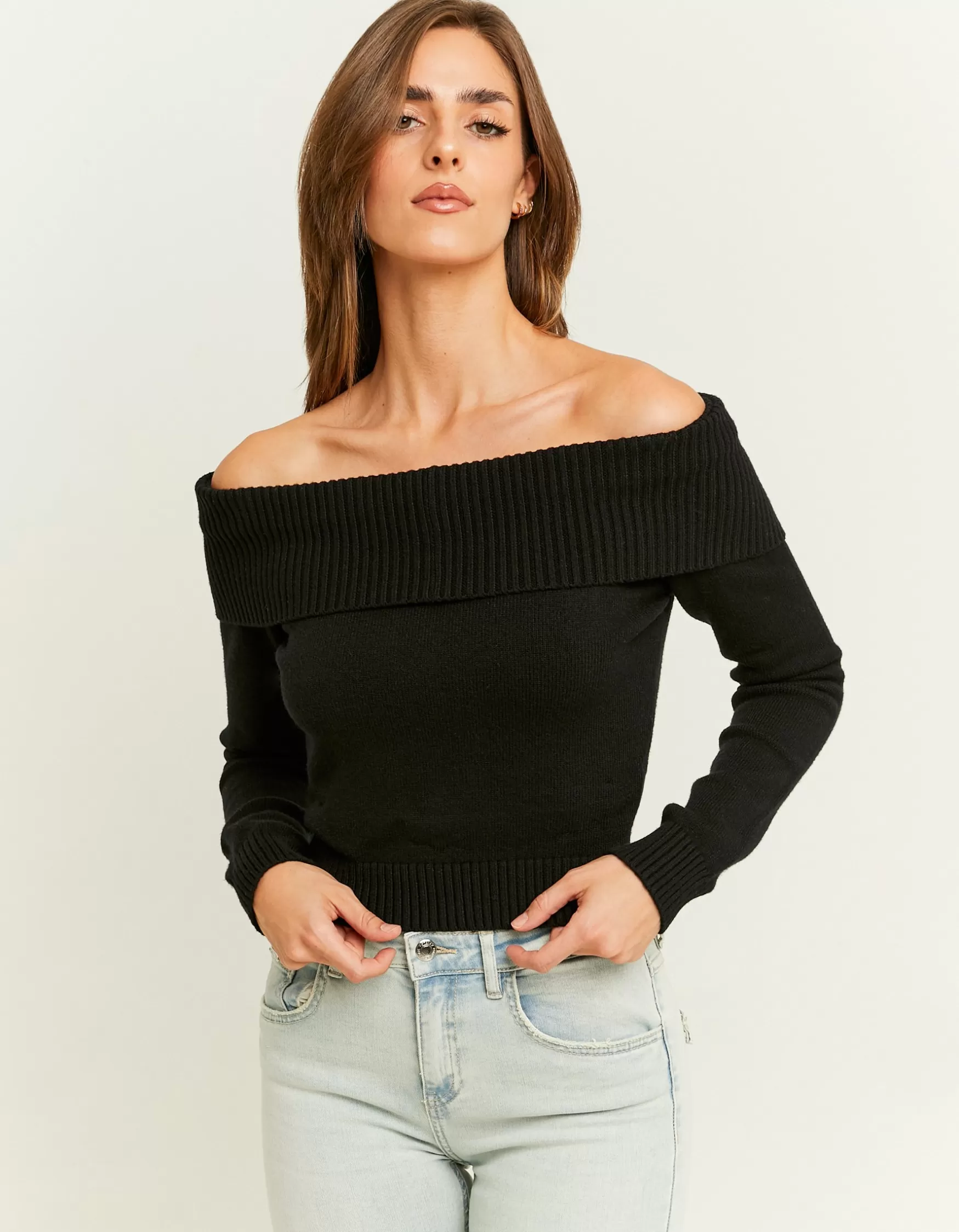 Outlet Pull Ajusté avec Encolure Épaules Dénudées Maille