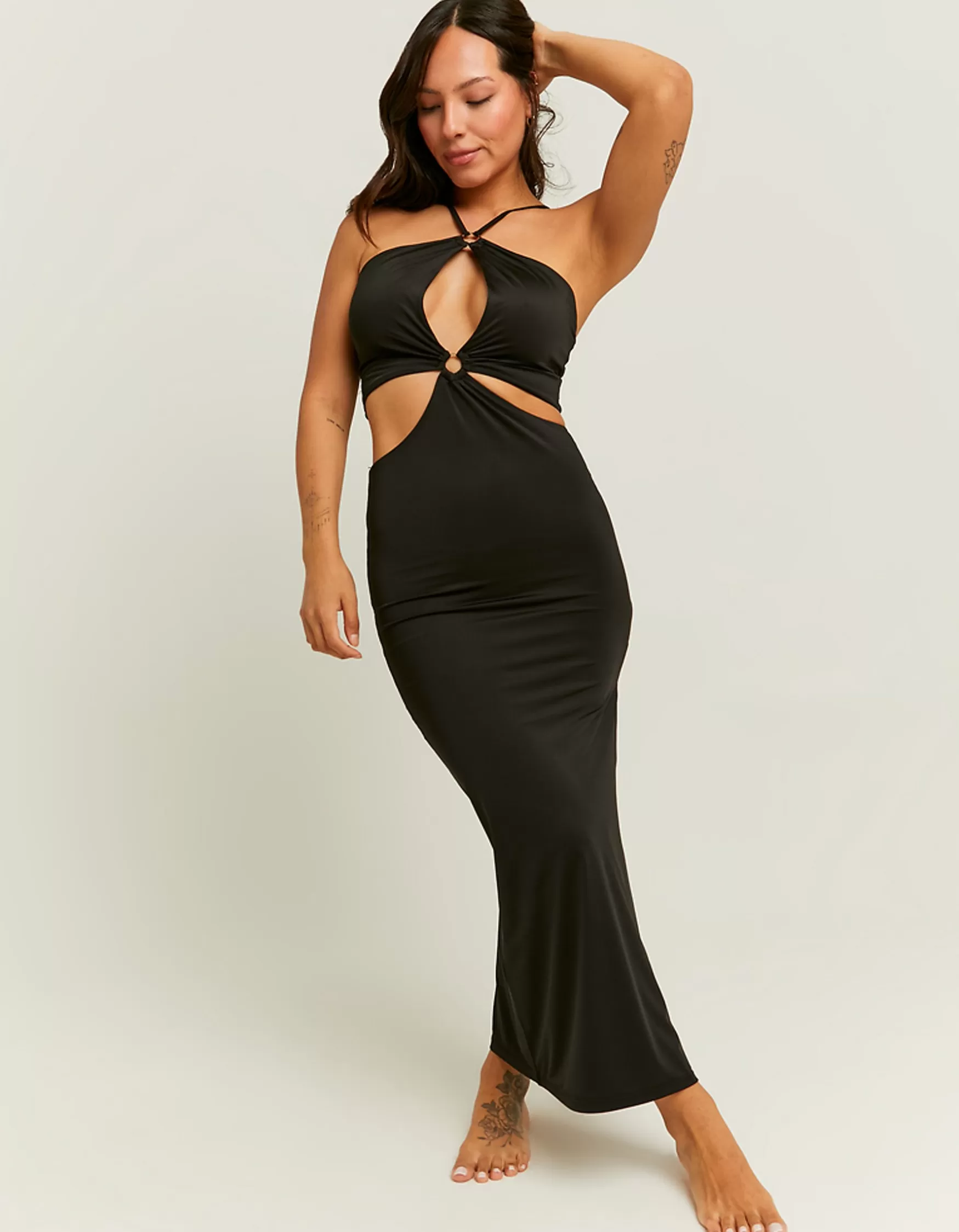 Fashion Robe Longue e Col Montant avec Découpe et Fleurs Robes
