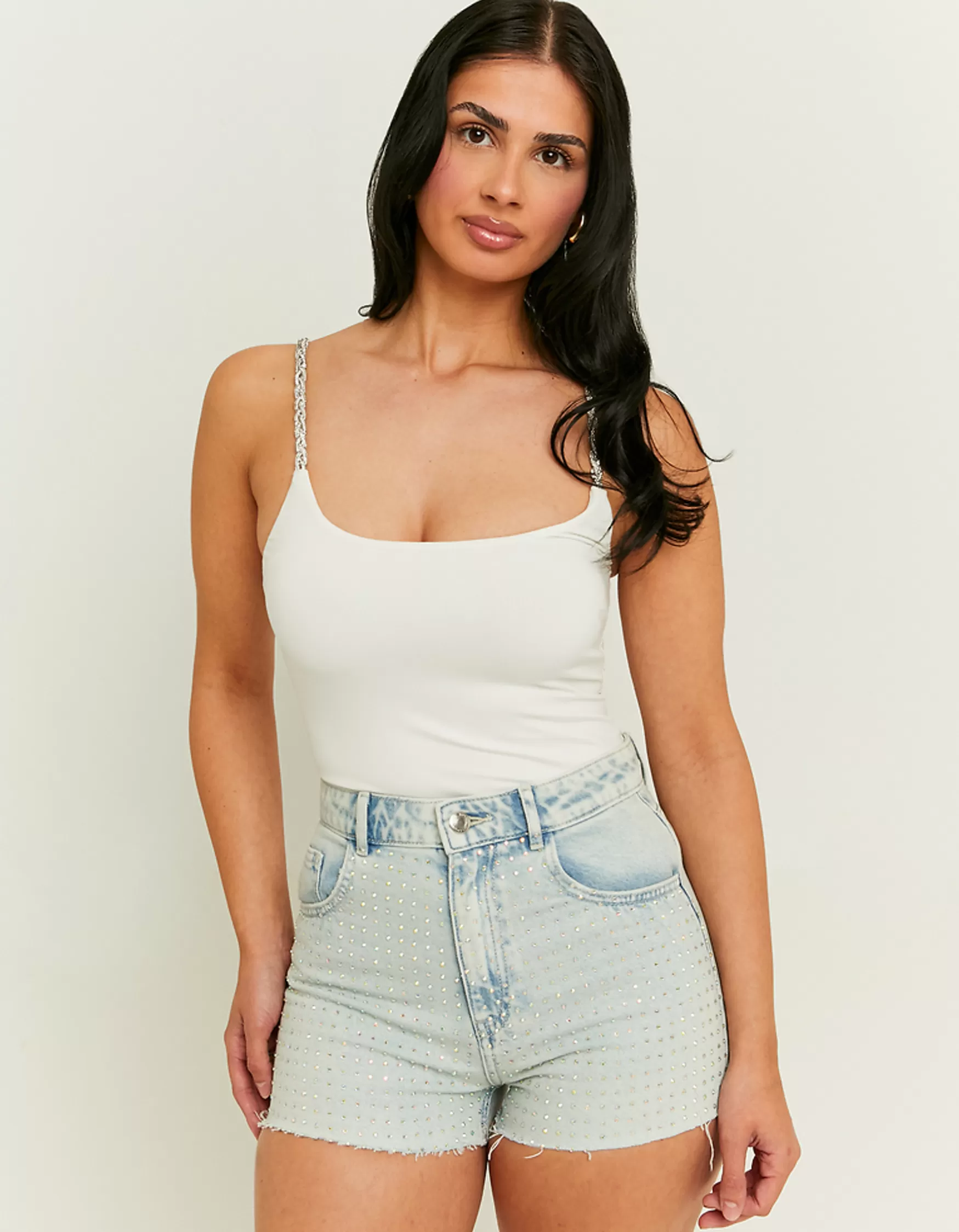 Cheap Short Mom Taille Haute avec Strass Shorts