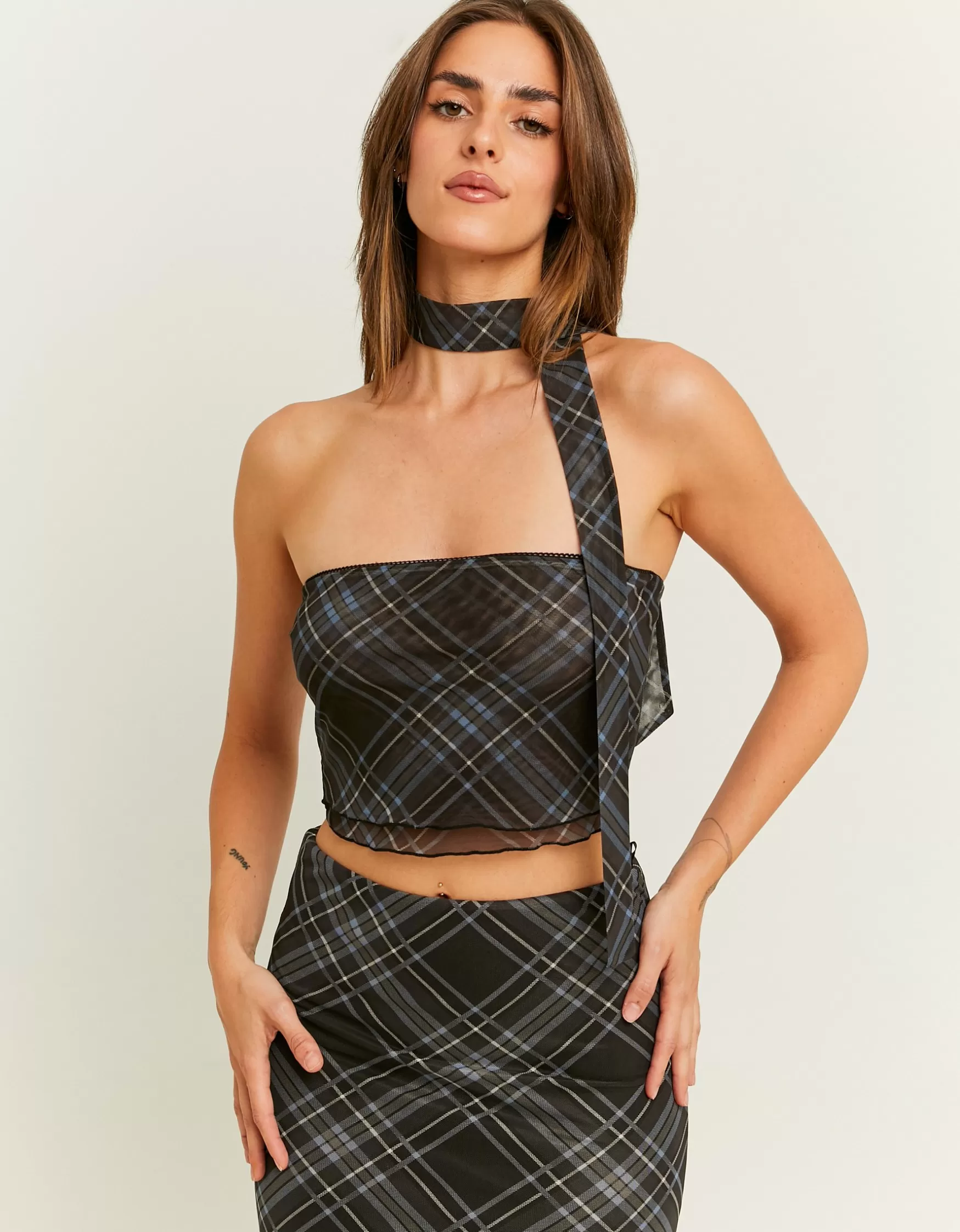 Fashion Top Bandeau à Carreaux avec Foulard Tops | Total Look