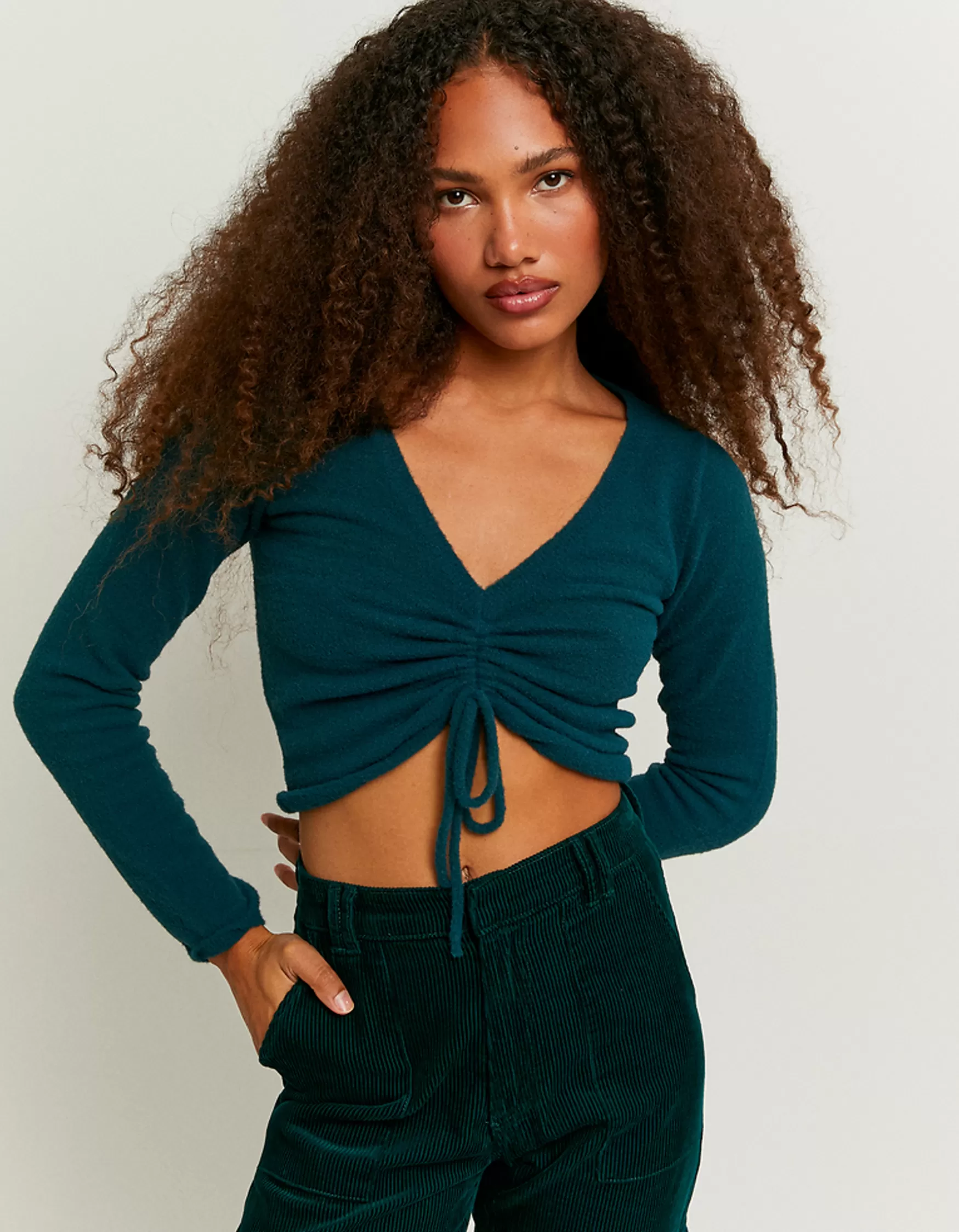 Fashion Top Froncé Court Col V Maille
