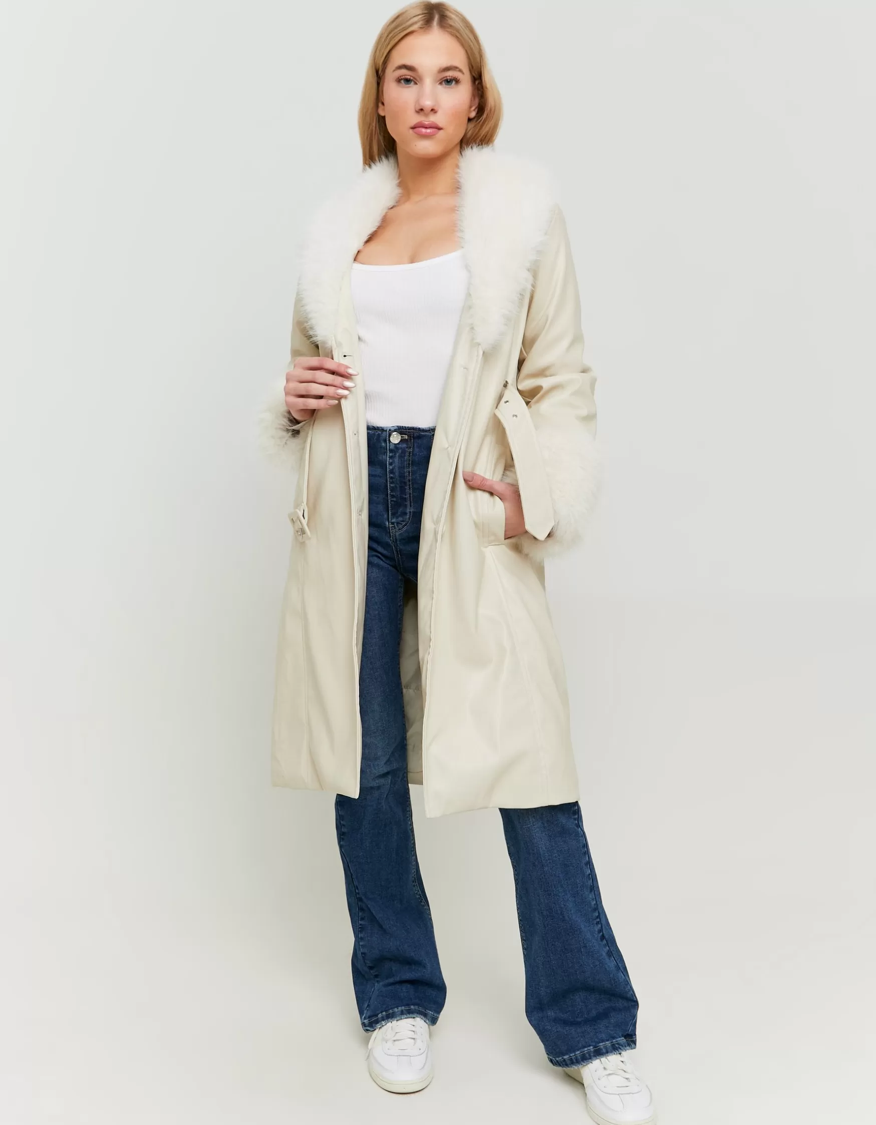 Online Trench en Similicuir avec Détails en Fausse Fourrure Vestes