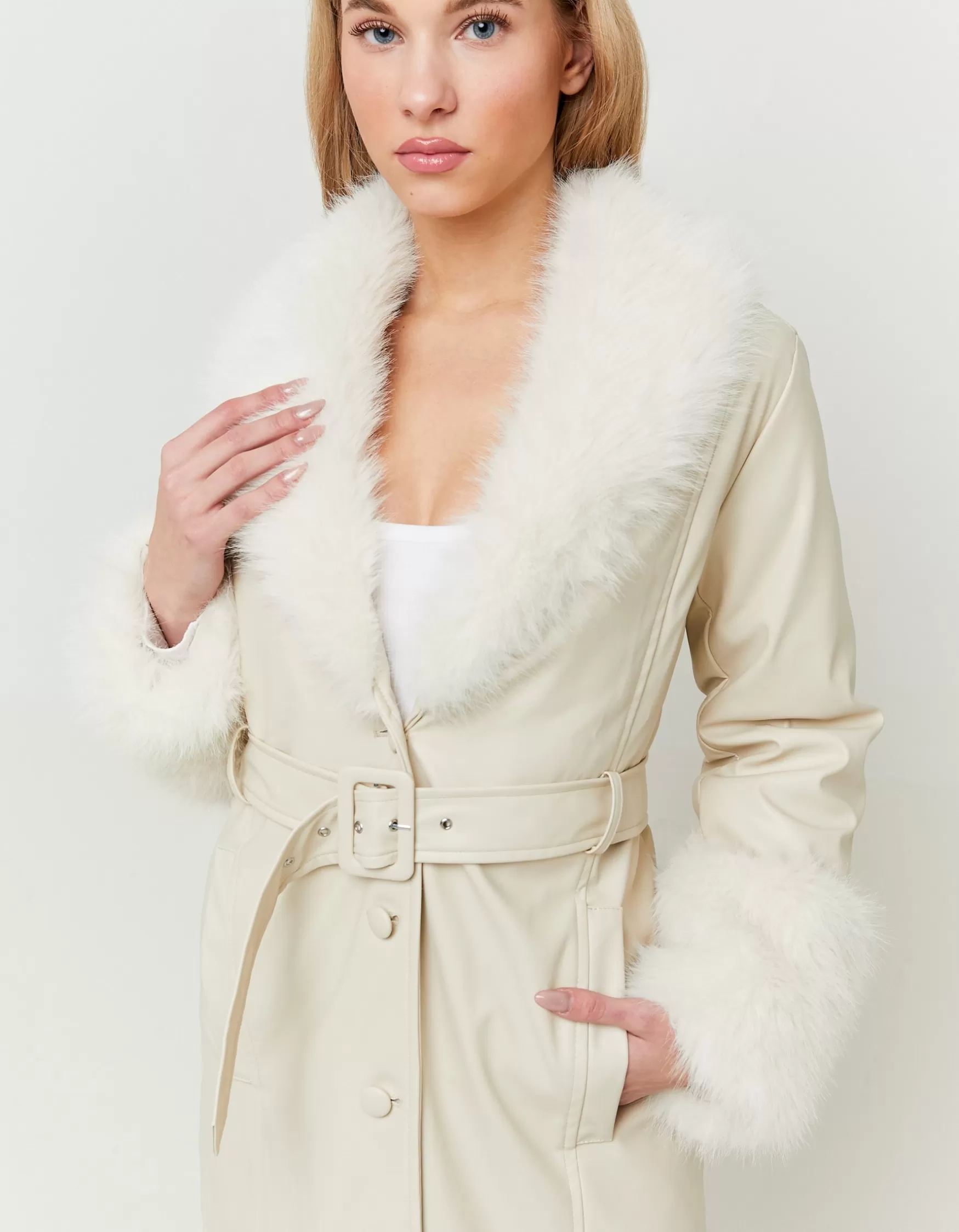 Online Trench en Similicuir avec Détails en Fausse Fourrure Vestes