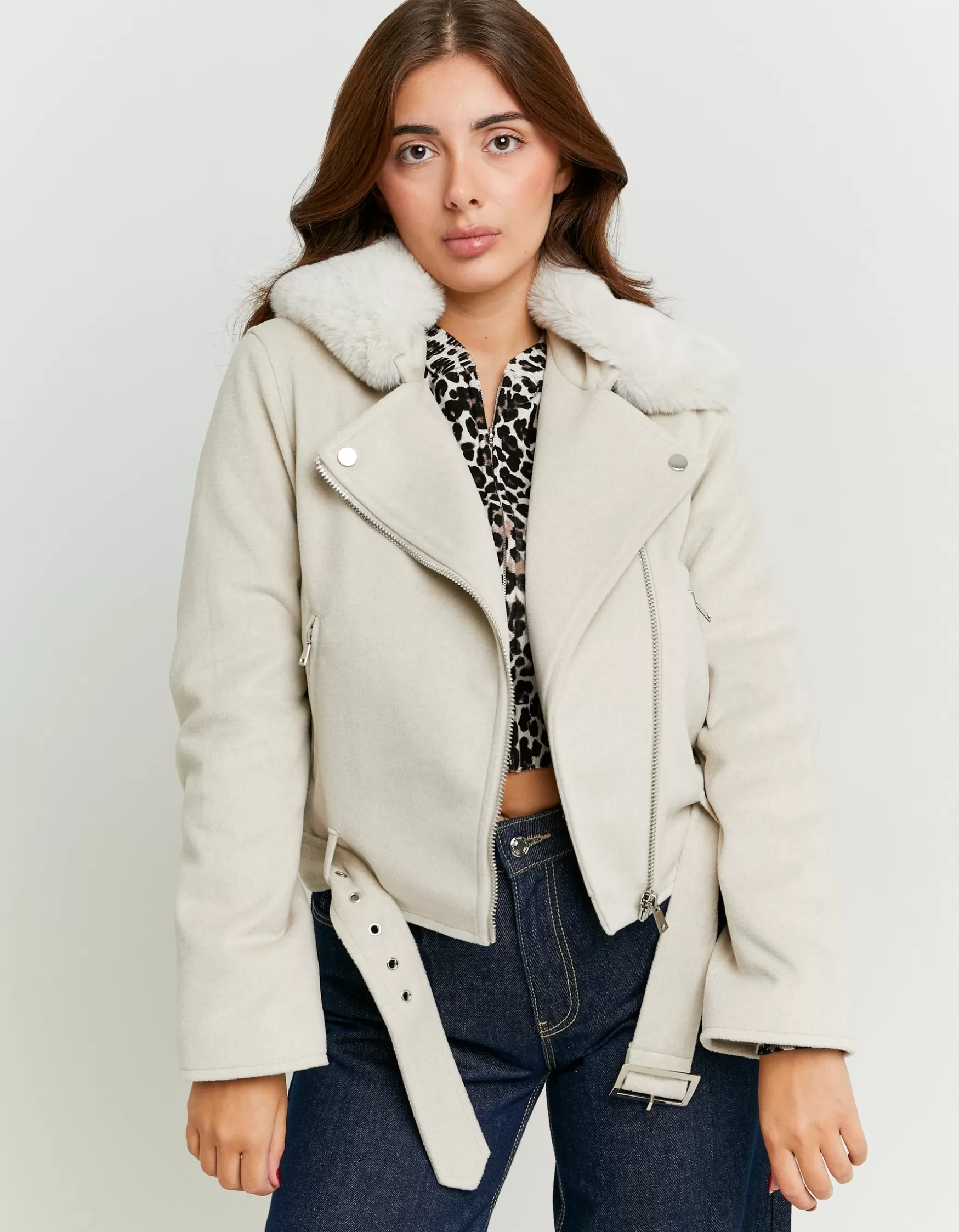 Flash Sale Veste Biker en Suédine avec Col en Fausse Fourrure Vestes