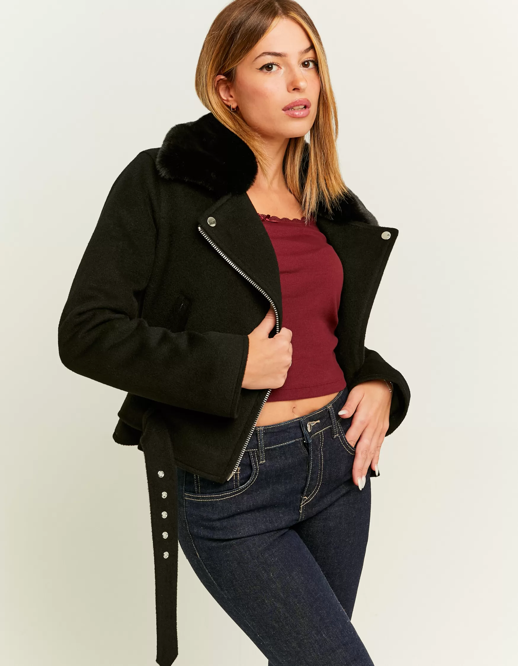 Hot Veste Biker en Suédine avec Col en Fausse Fourrure Vestes
